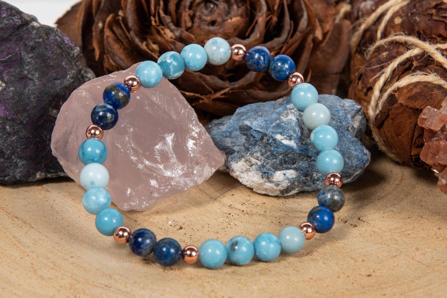 Bracciale perle 6 mm lapislazzuli, larimar, rame