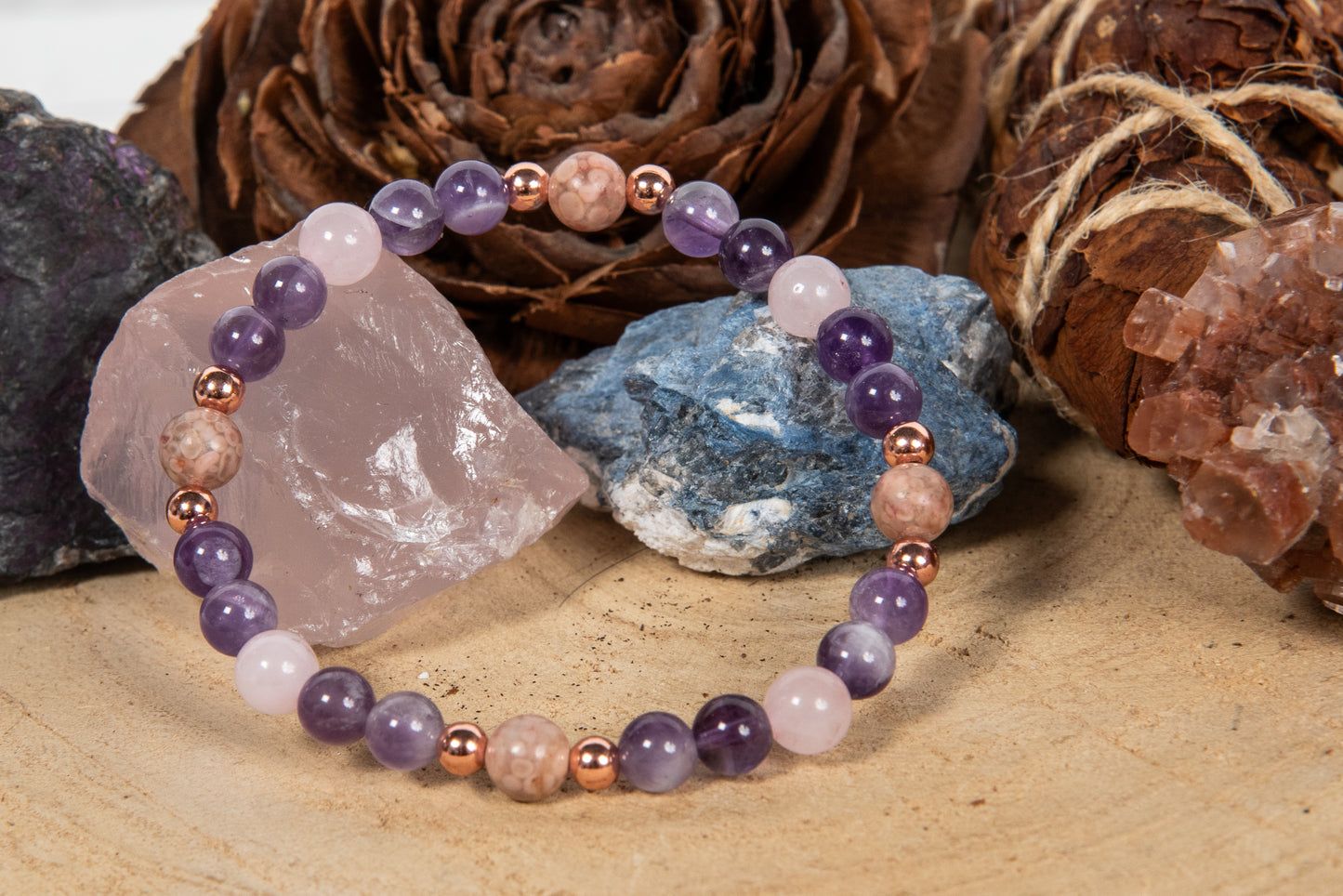 Bracciale perle 6 mm ametista, quarzo rosa, rodonite, rame