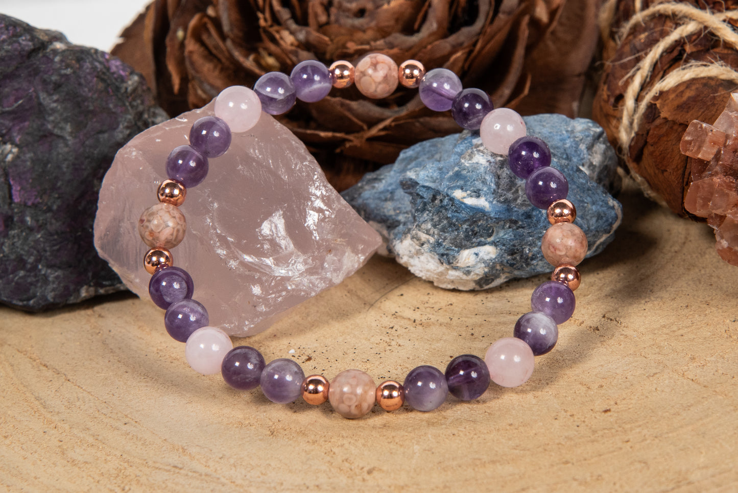 Bracciale perle 6 mm ametista, quarzo rosa, rodonite, rame