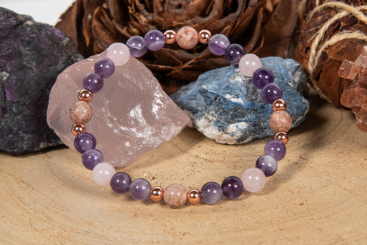 Bracciale perle 6 mm ametista, quarzo rosa, rodonite, rame