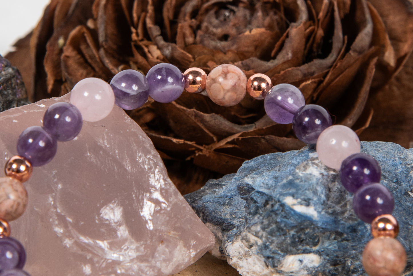 Bracciale perle 6 mm ametista, quarzo rosa, rodonite, rame