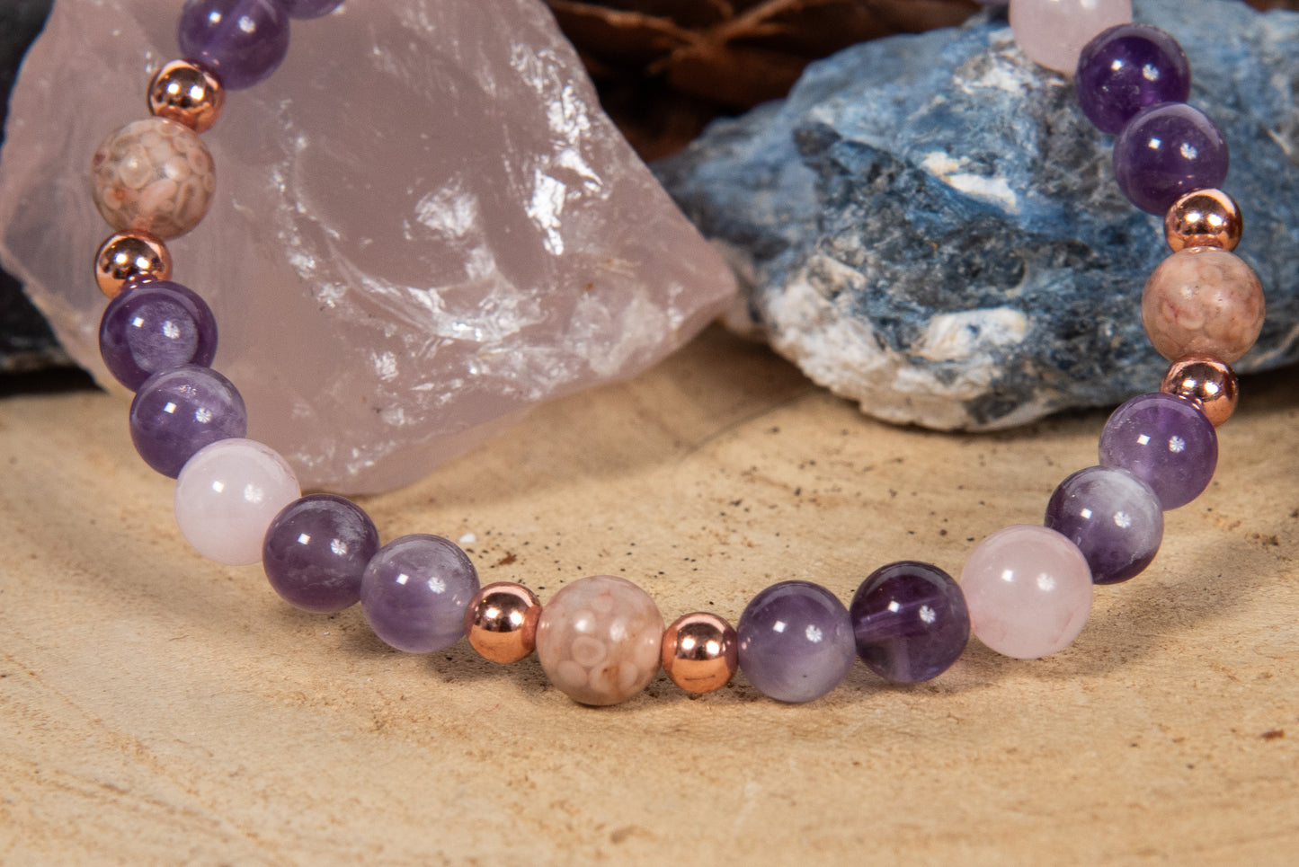 Bracciale perle 6 mm ametista, quarzo rosa, rodonite, rame