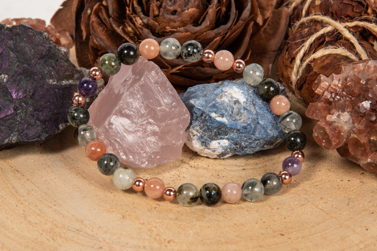 Bracciale perle 6 mm pietra di luna, prehnite, ametista,  rame