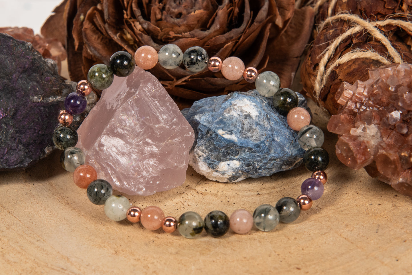 Bracciale perle 6 mm pietra di luna, prehnite, ametista,  rame