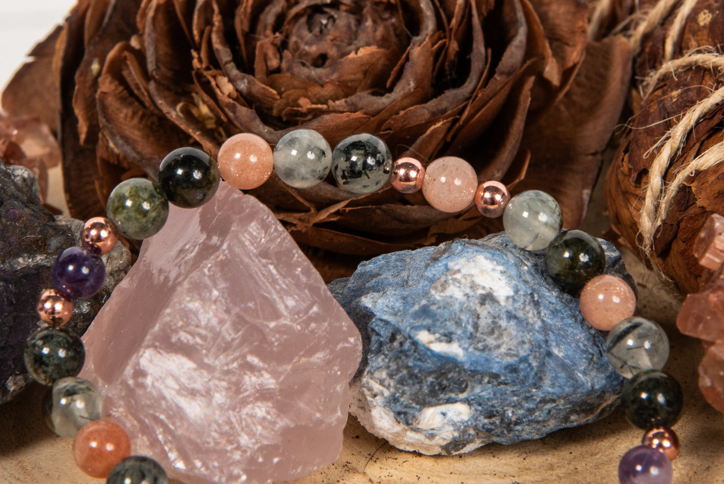 Bracciale perle 6 mm pietra di luna, prehnite, ametista,  rame