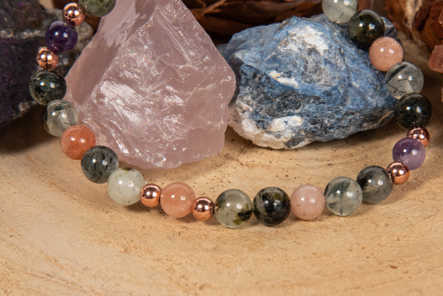 Bracciale perle 6 mm pietra di luna, prehnite, ametista,  rame