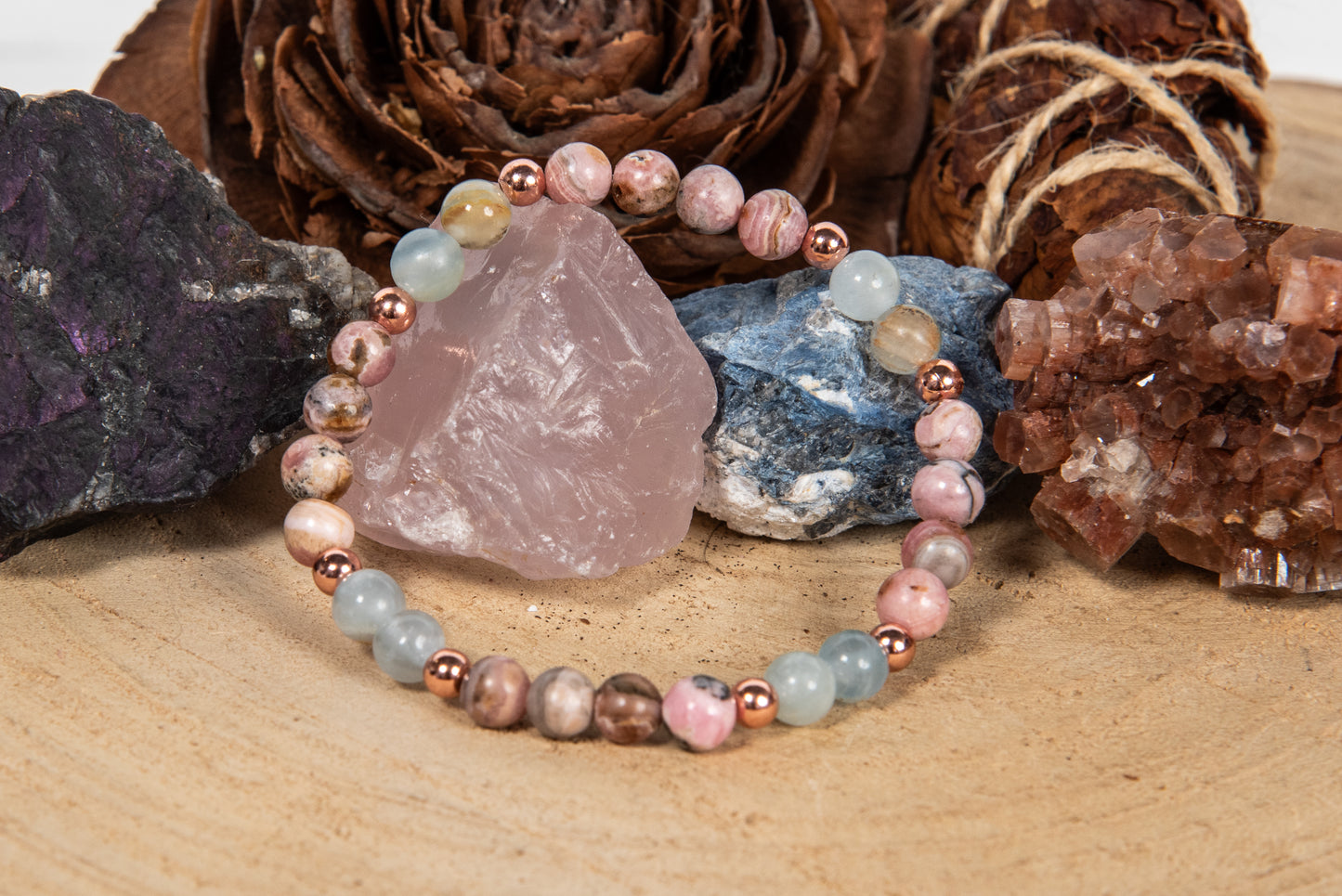 Bracciale perle 6 mm rodocrosite, calcite blu, rame