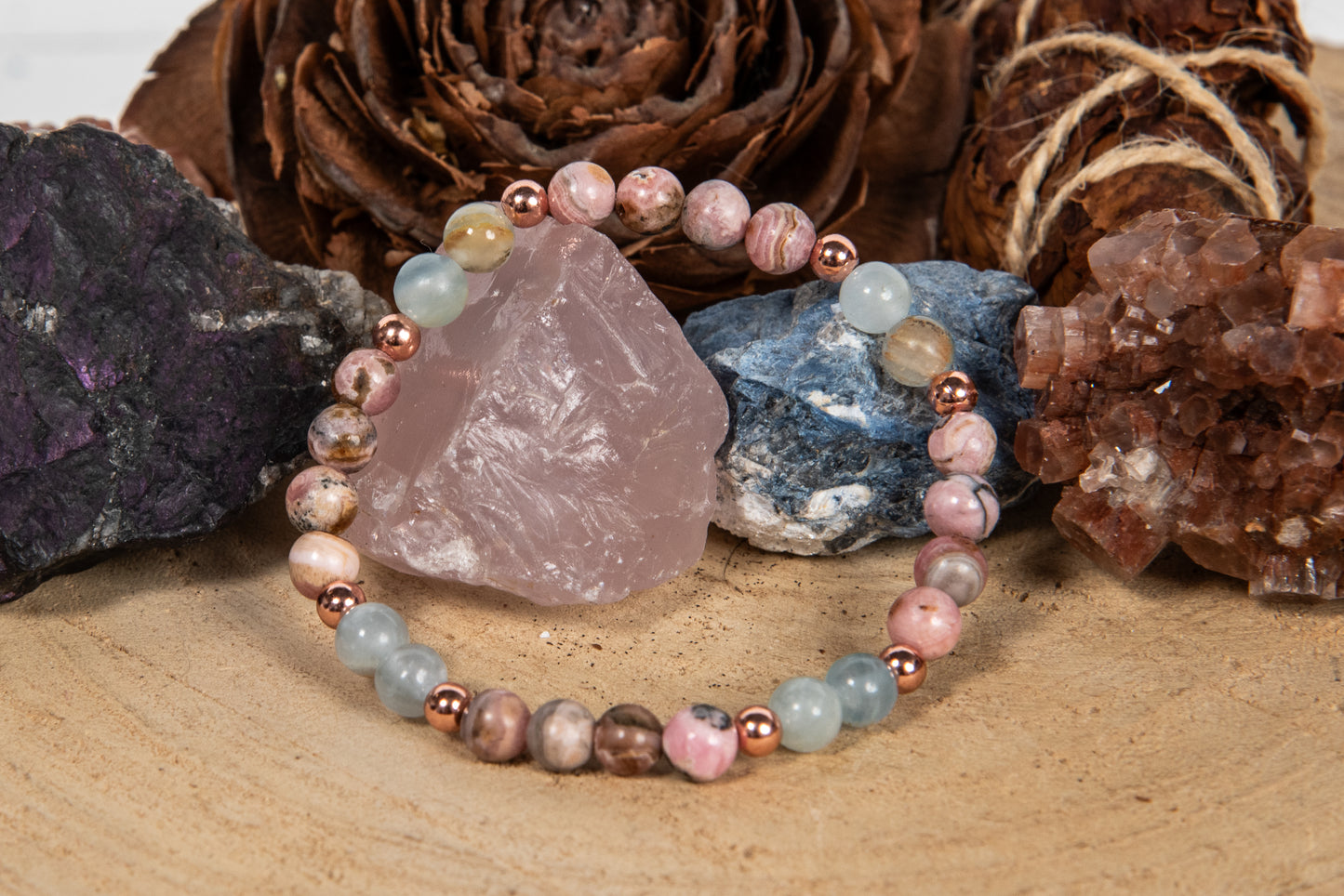 Bracciale perle 6 mm rodocrosite, calcite blu, rame