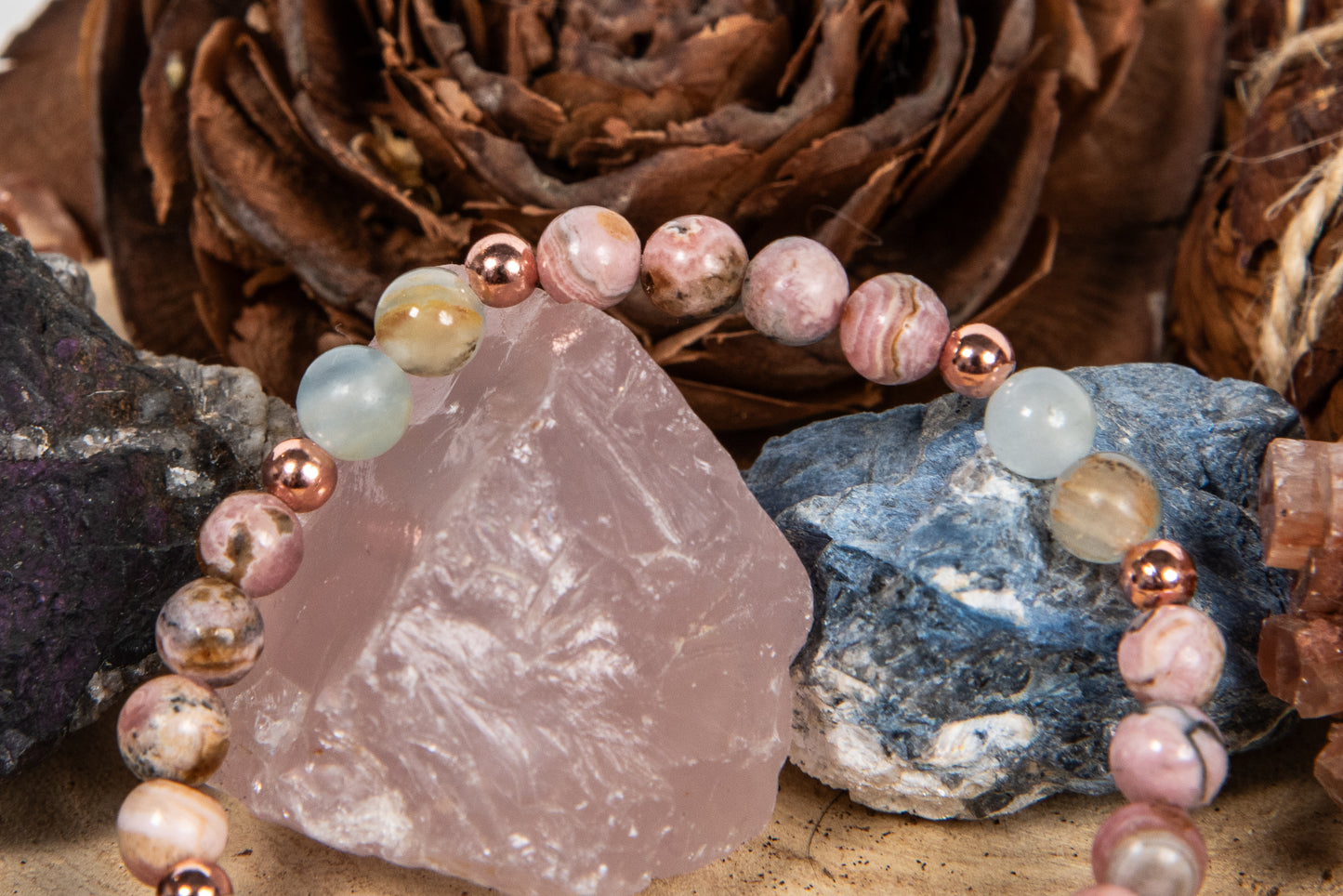 Bracciale perle 6 mm rodocrosite, calcite blu, rame