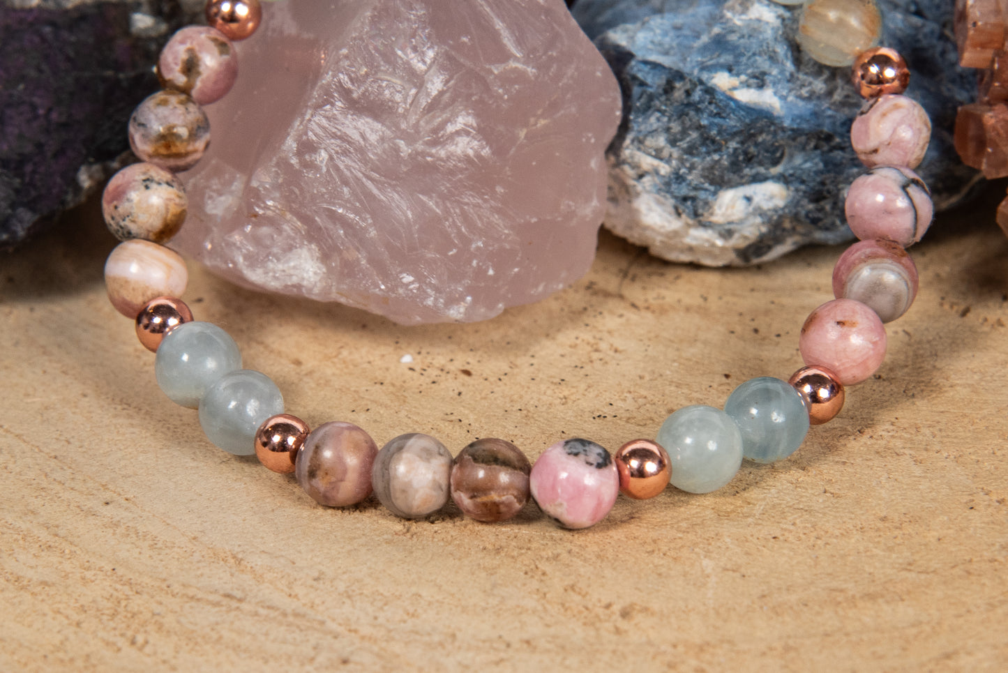 Bracciale perle 6 mm rodocrosite, calcite blu, rame