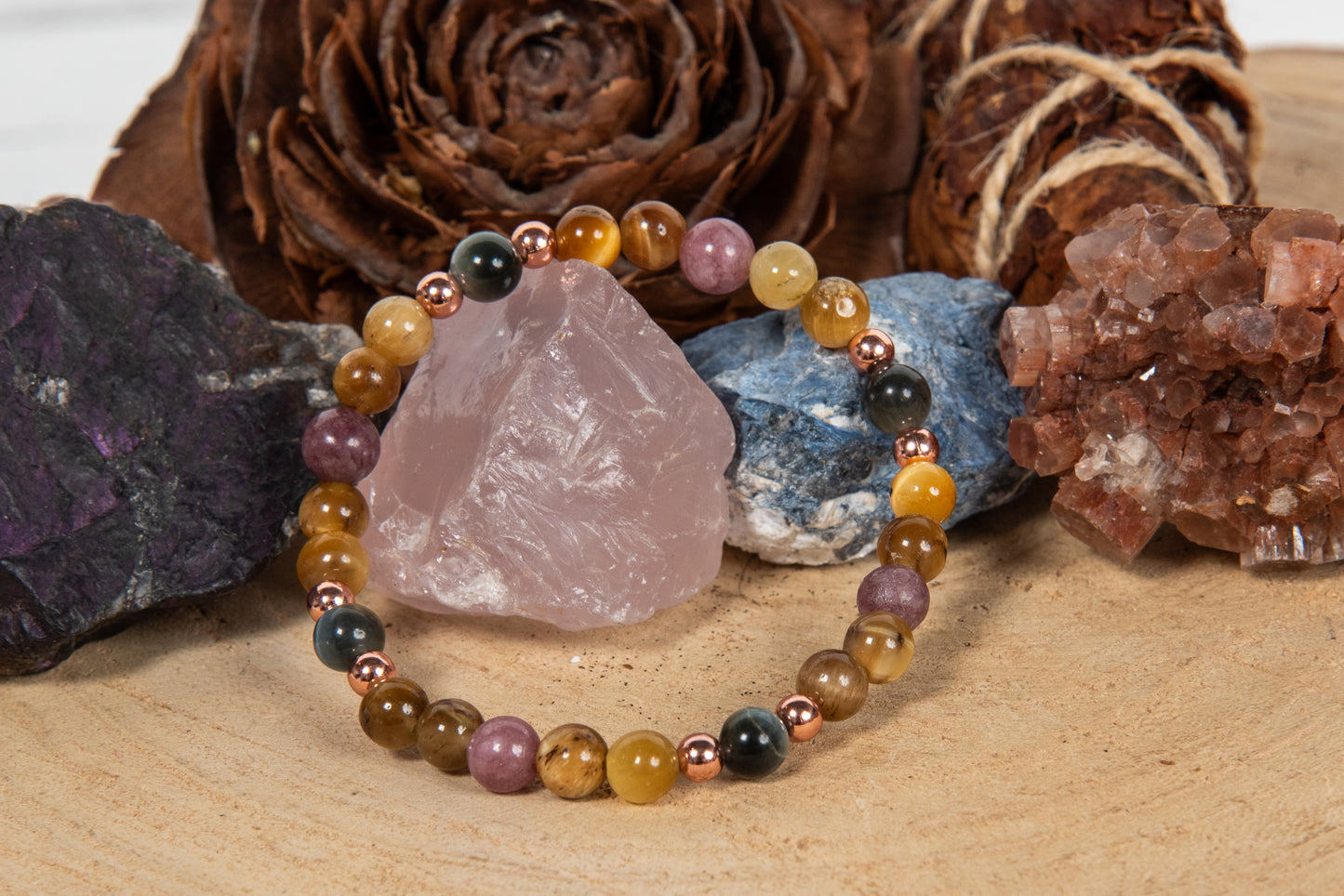 Bracciale perle 6 mm occhio di tigre dorato, occhio di falco, lepidolite, rame