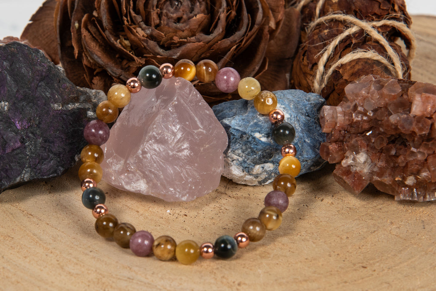 Bracciale perle 6 mm occhio di tigre dorato, occhio di falco, lepidolite, rame