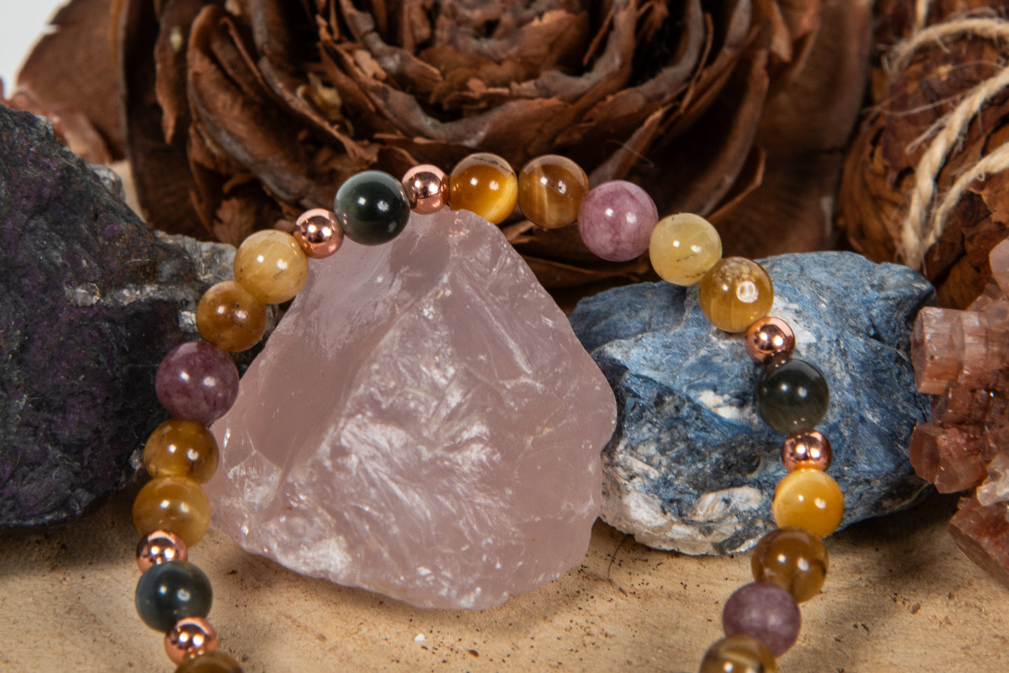 Bracciale perle 6 mm occhio di tigre dorato, occhio di falco, lepidolite, rame