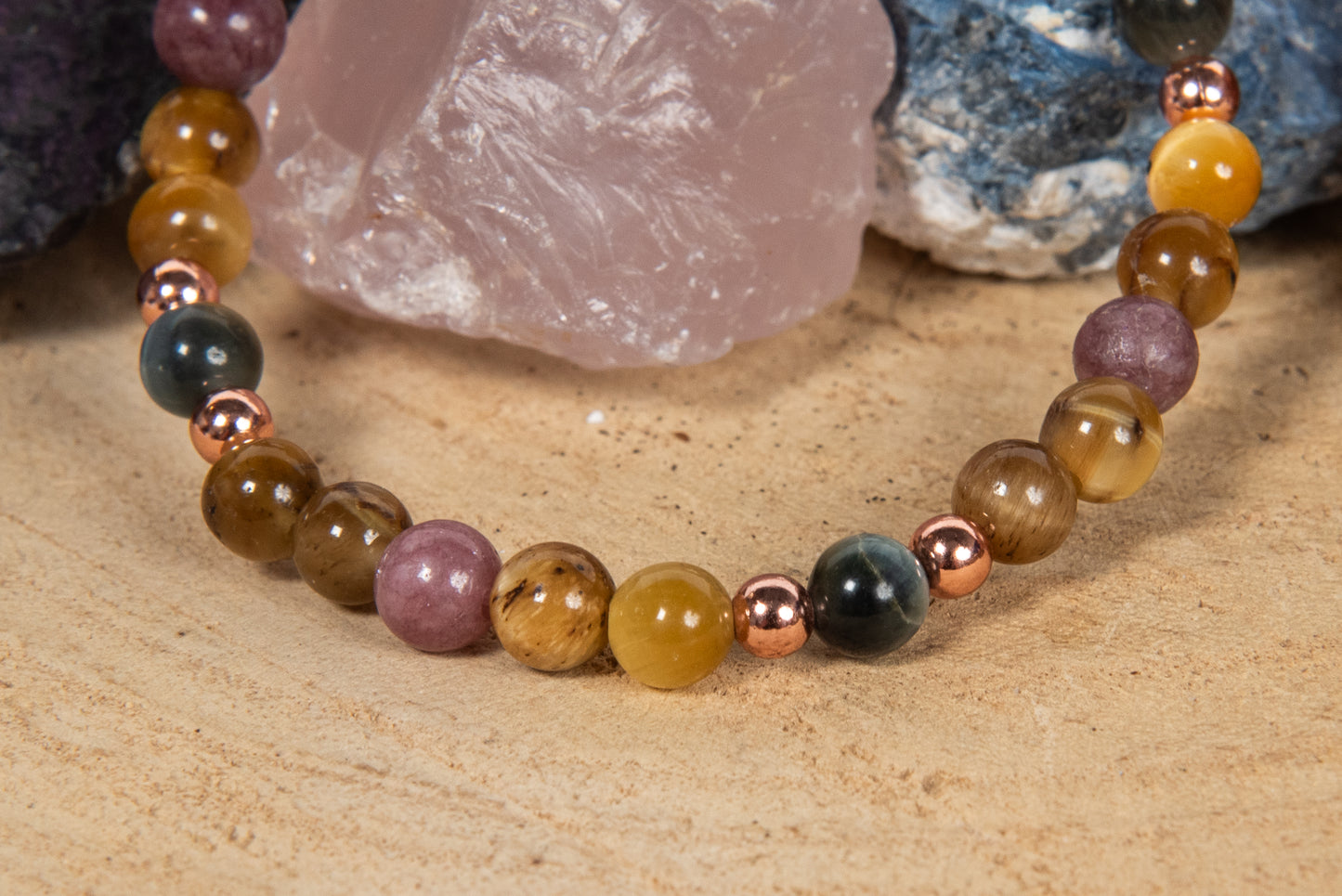 Bracciale perle 6 mm occhio di tigre dorato, occhio di falco, lepidolite, rame