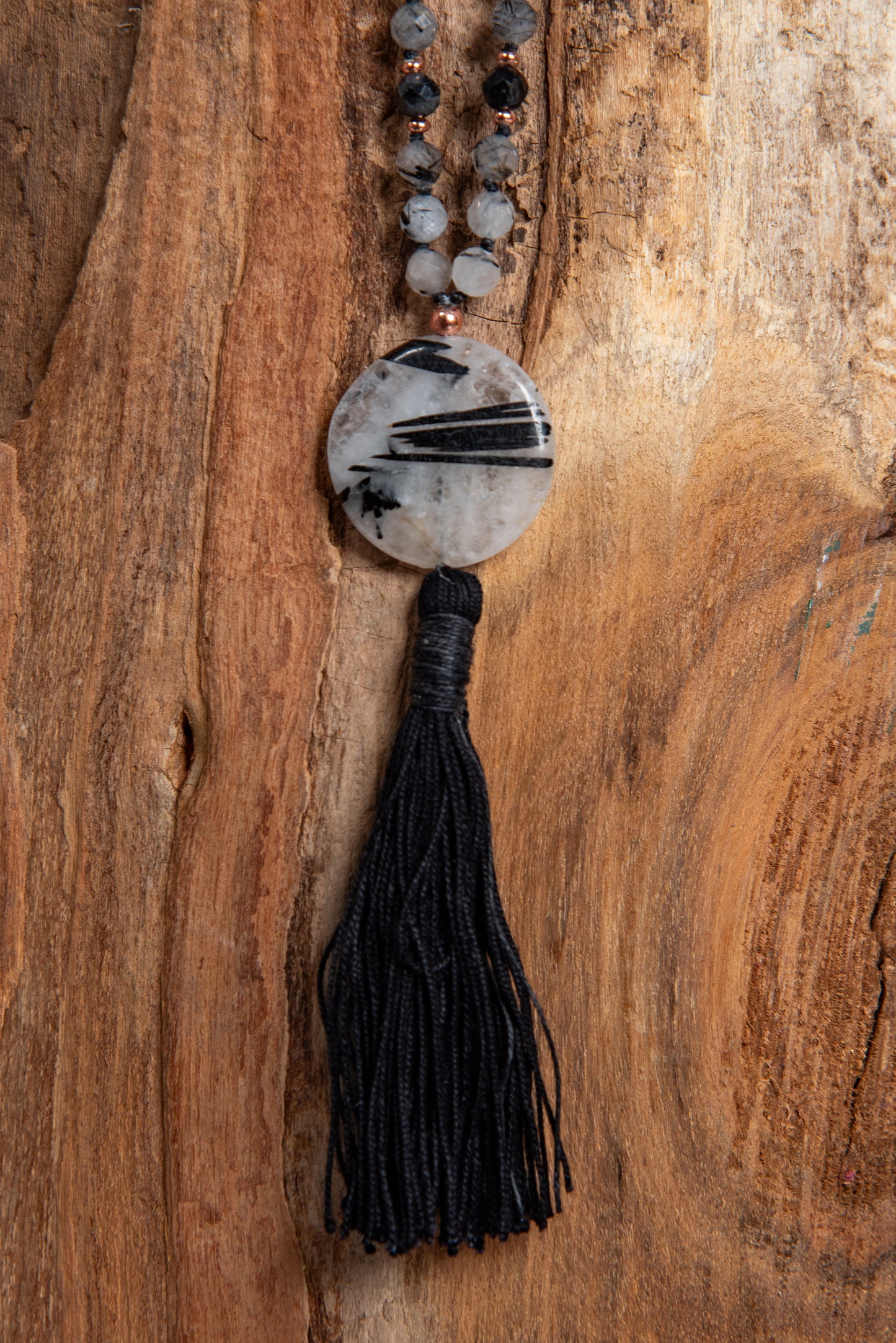 Mala da meditazione 108 perle Quarzo tormalinato, pietra guru Quarzo Tormalinato, rame