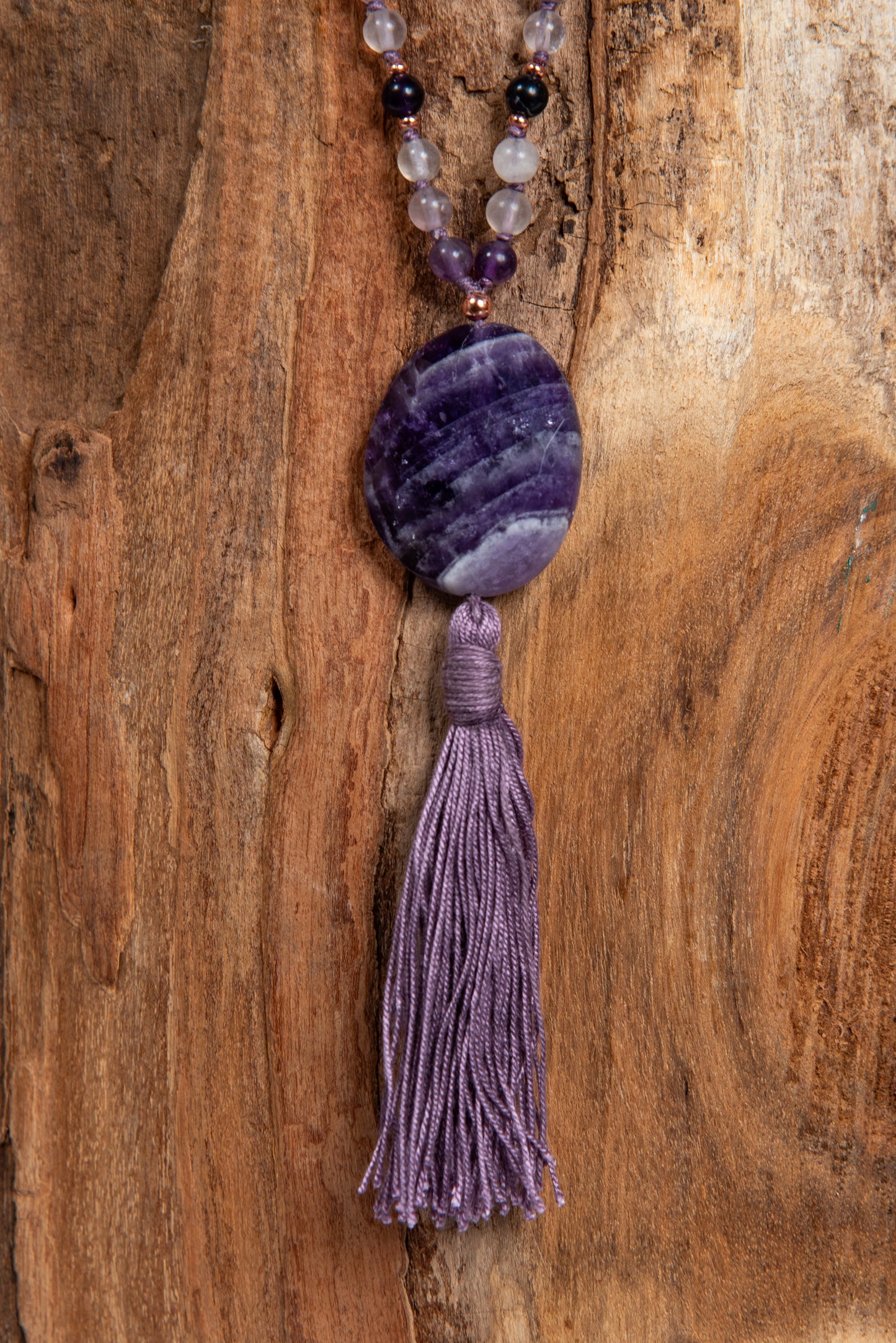 Mala per meditare 108 perle in Fluorite viola, Pietra Guru Ametista striata, Rame