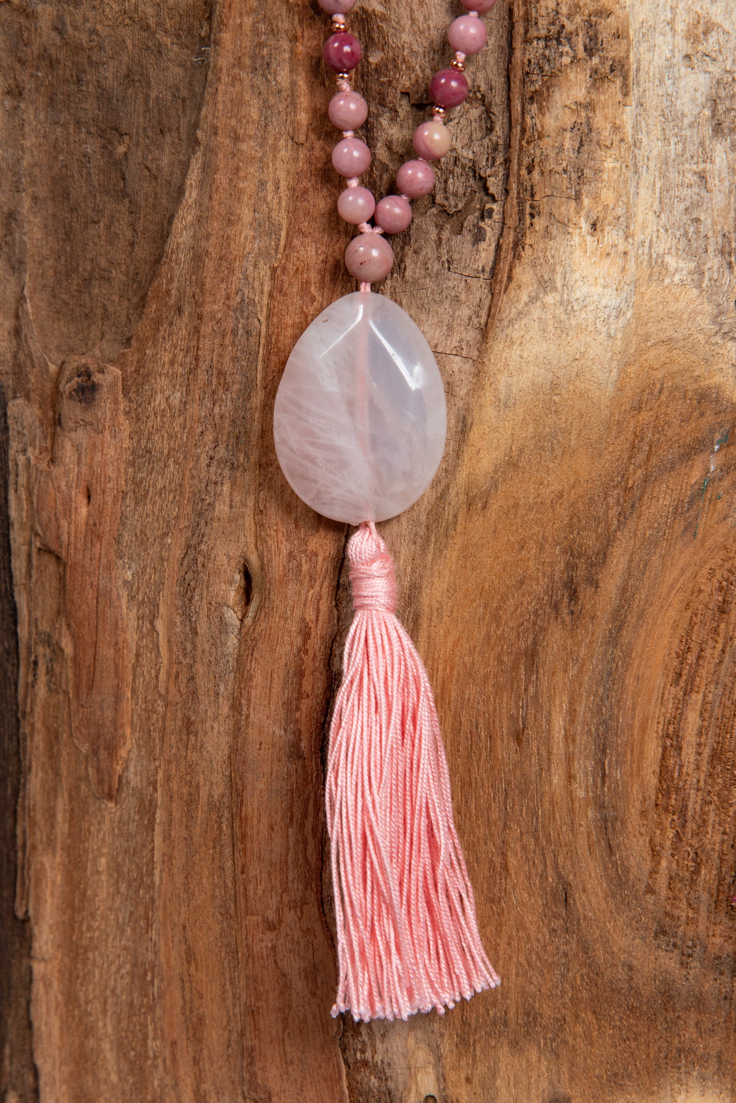 Mala da meditazione in Rodonite, Pietra Guru Quarzo rosa e Rame