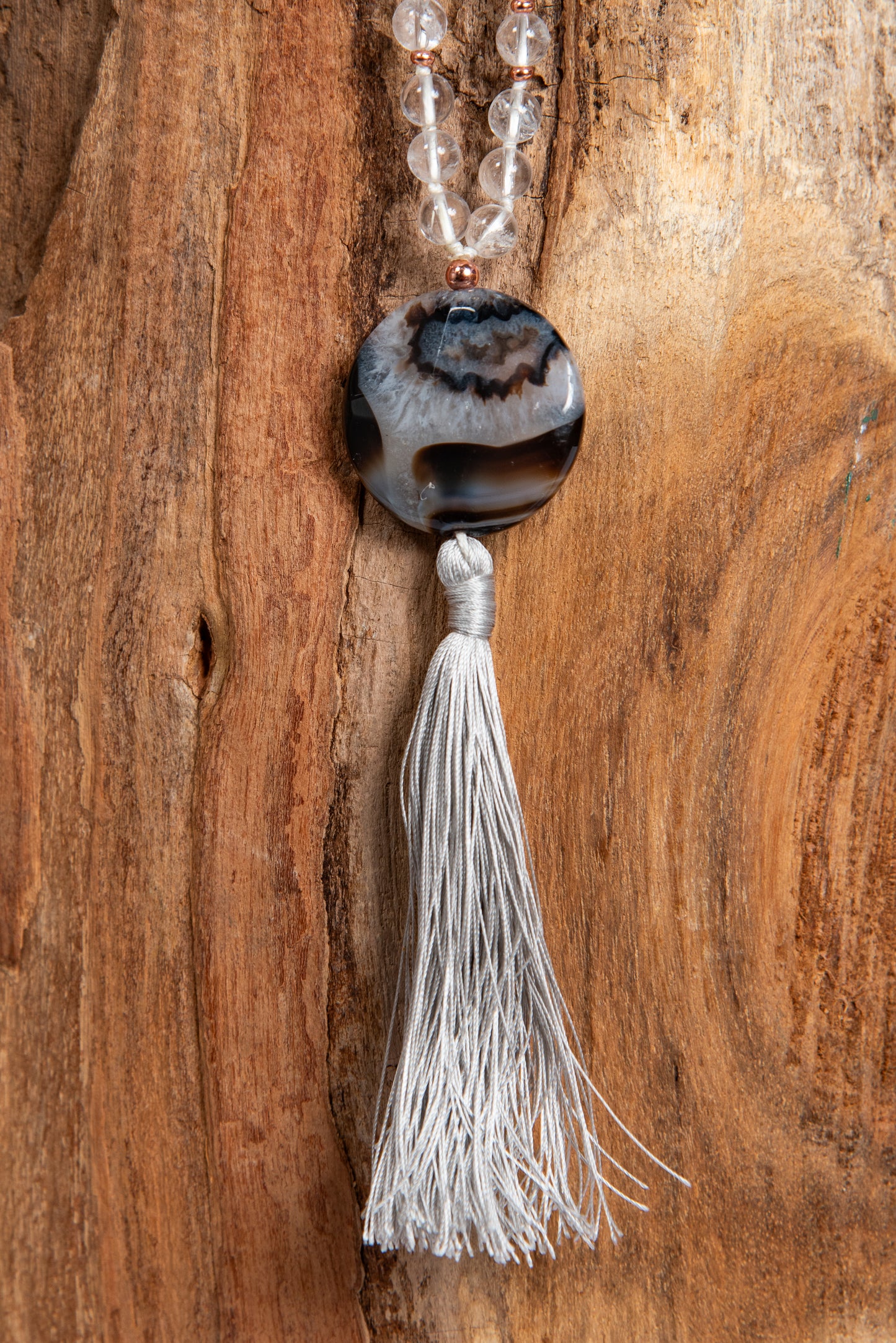 Mala collana da meditazione in Cristallo di Rocca, Pietra Guru Agata, Rame