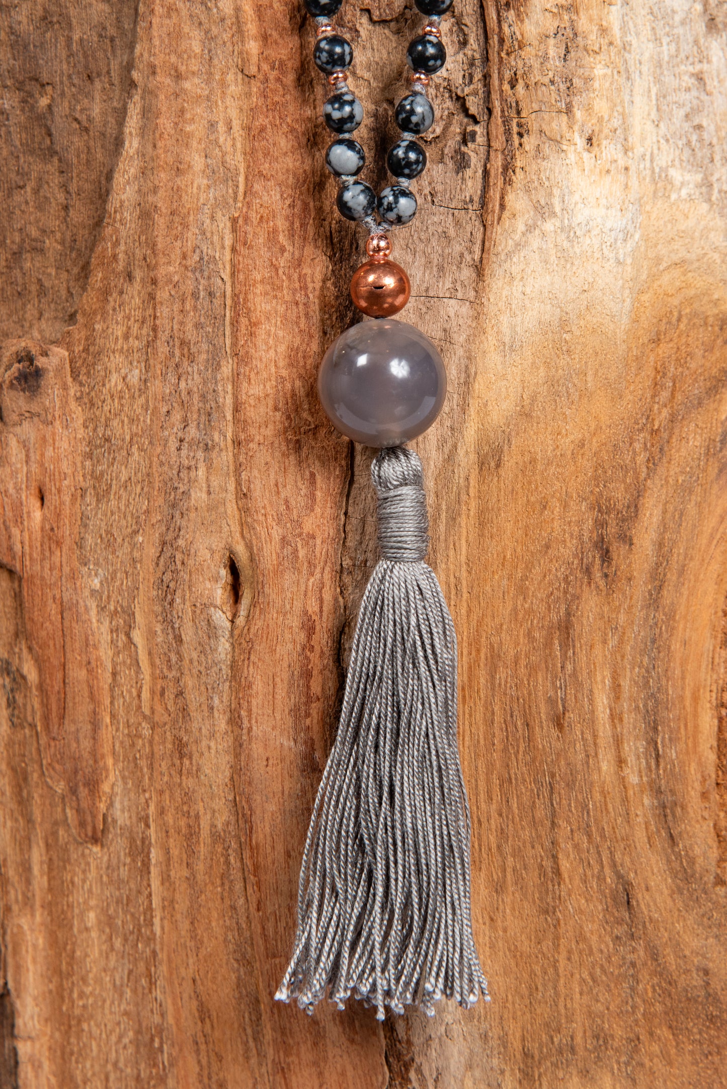 Mala in Ossidiana fiocco di neve, Pietra guru Agata grigia, Rame