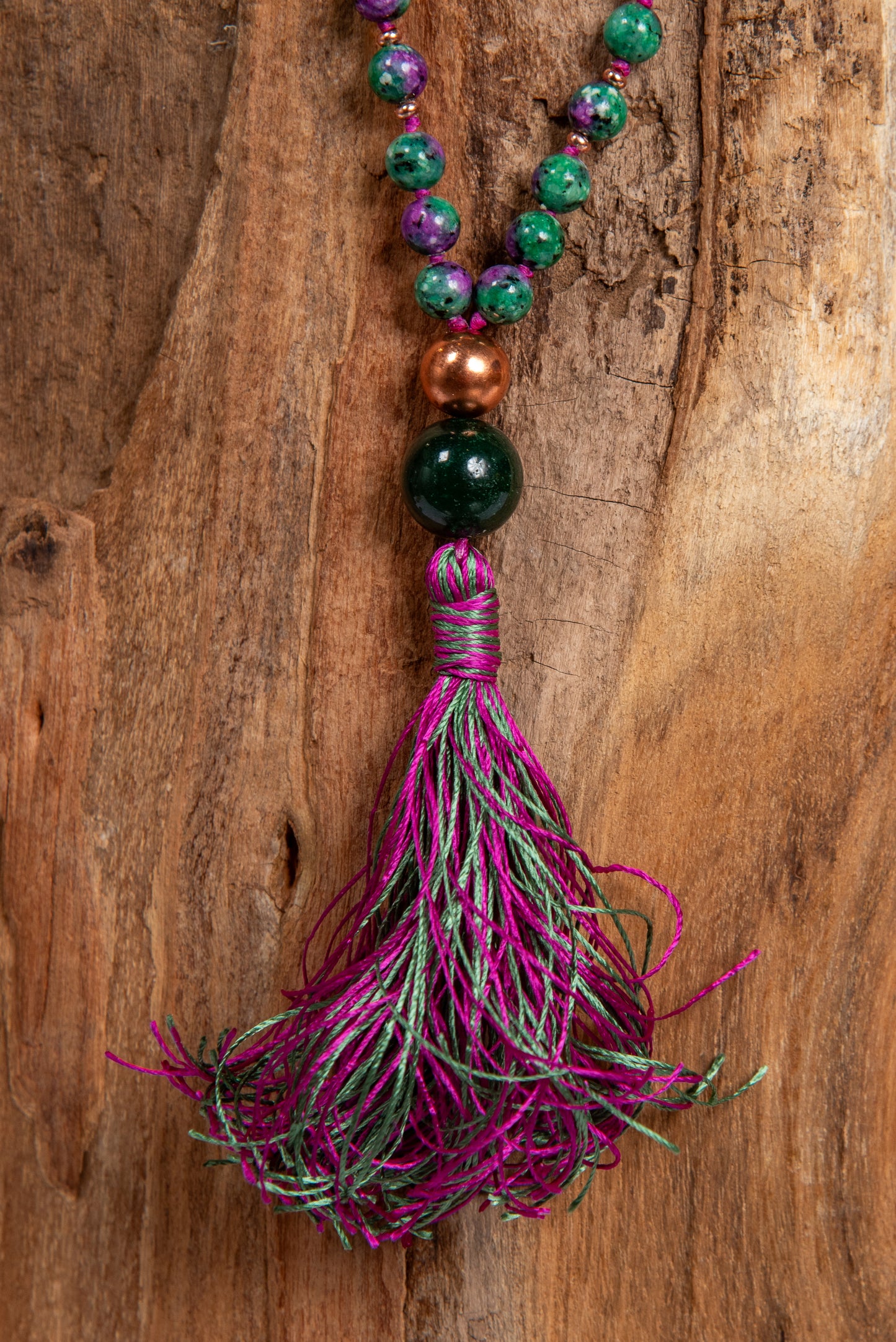 Mala con 108 perle di Zoisite, Pietra Guru Diaspro verde, Rame