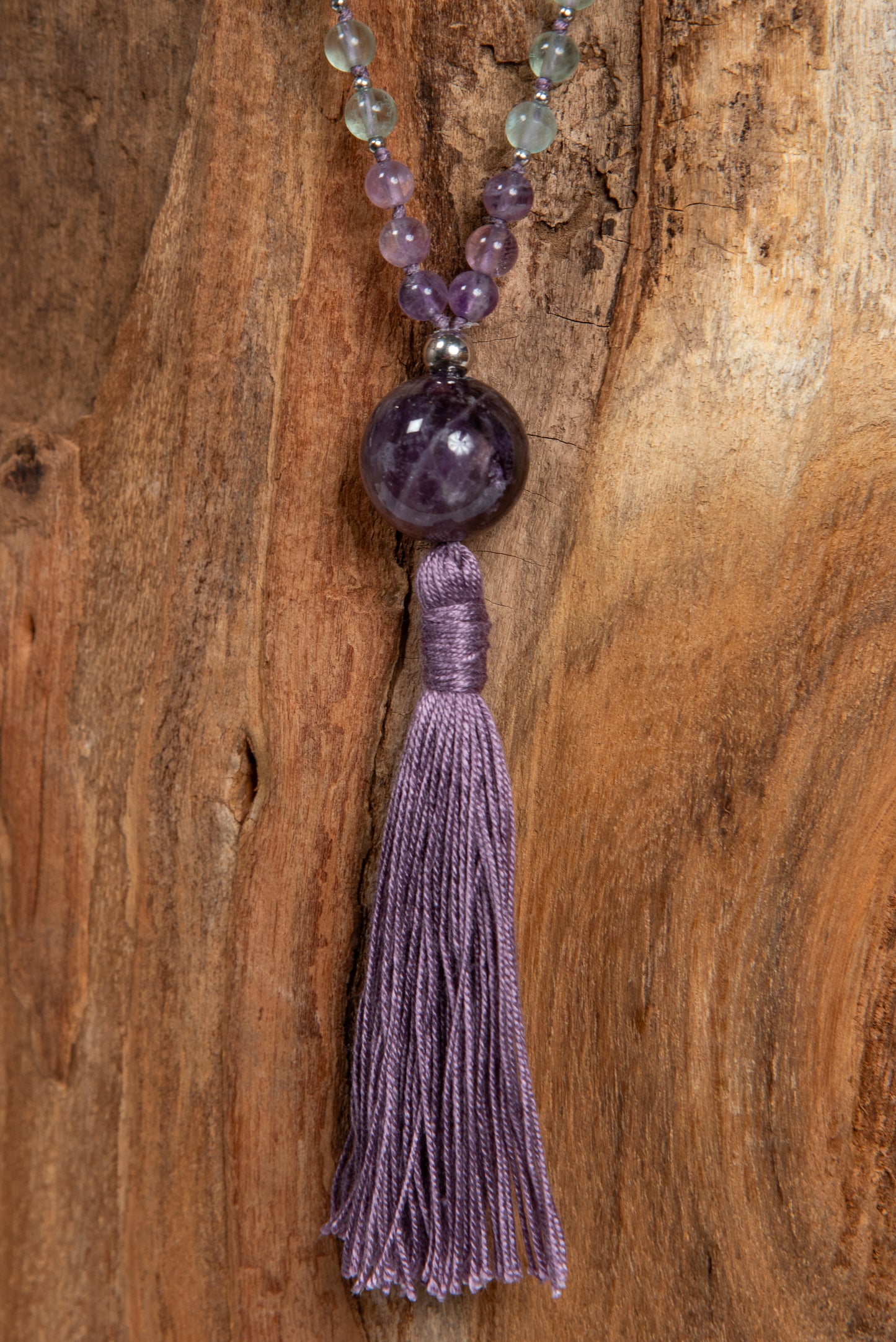 Mala per meditare 108 perle in Fluorite, Pietra Guru Ametista, Argento 925