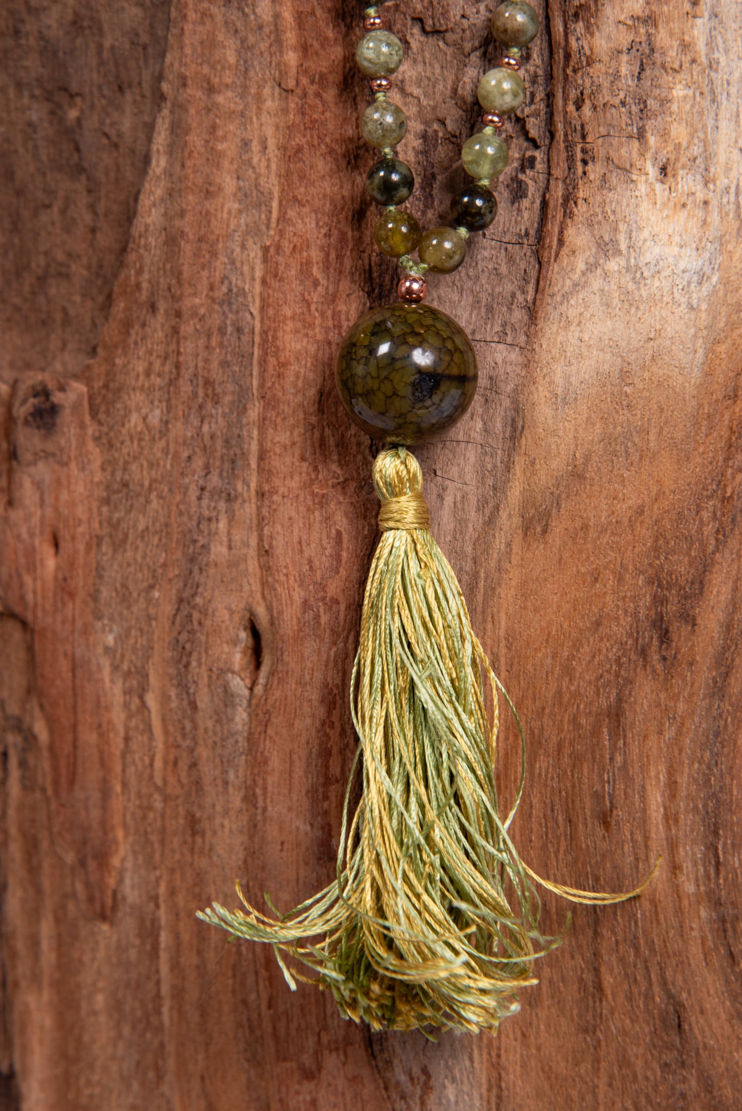 Mala in Pietra serpentina nobile, Pietra Guru Agata, Rame