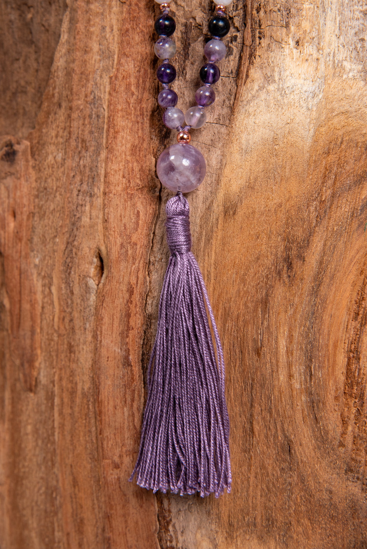 Mala per meditare 108 perle in Fluorite viola, Ametista lavanda, Pietra Guru Ametista, rame