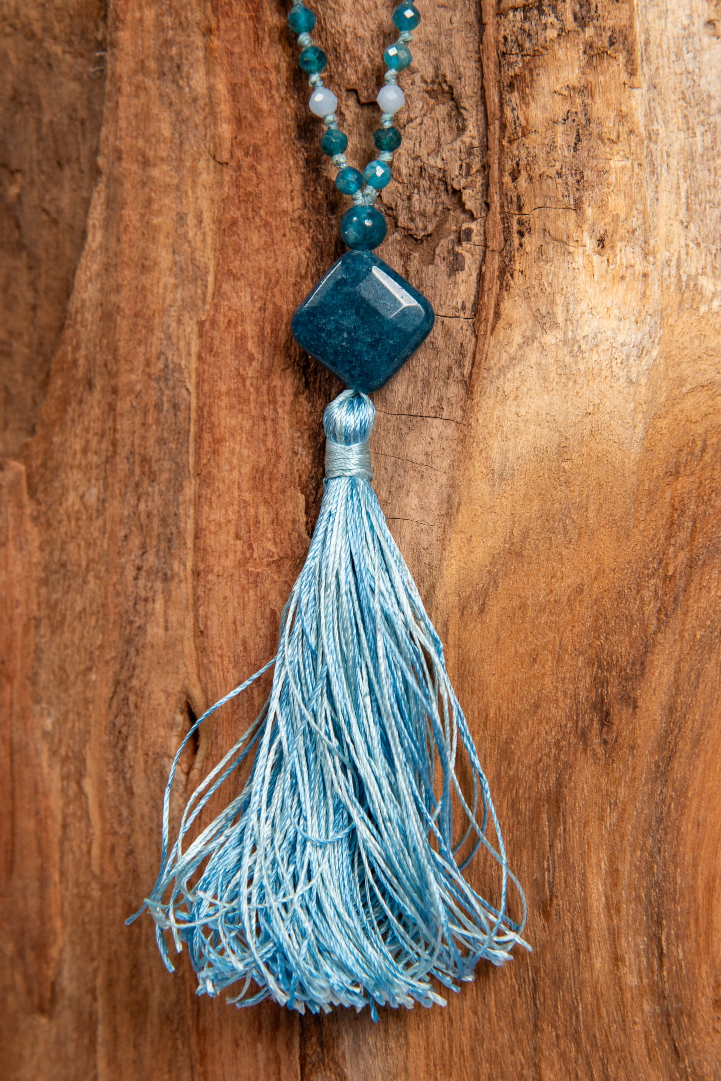 Mala collana 108 perle di Acquamarina e Apatite, Pietra Guru Apatite, Rame