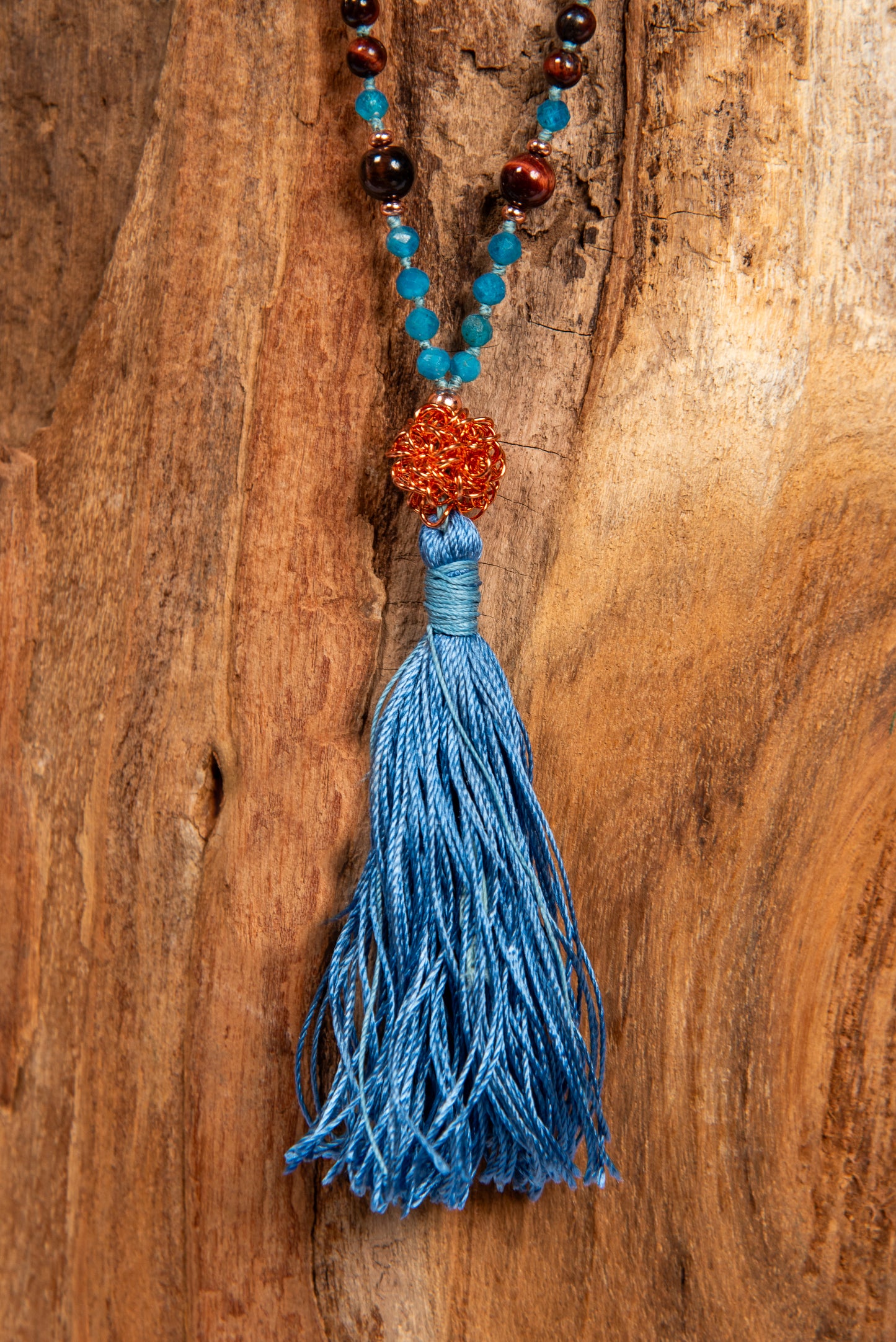 Mala collana 108 perle di Apatite, Occhio di bue, Perla Guru Rame