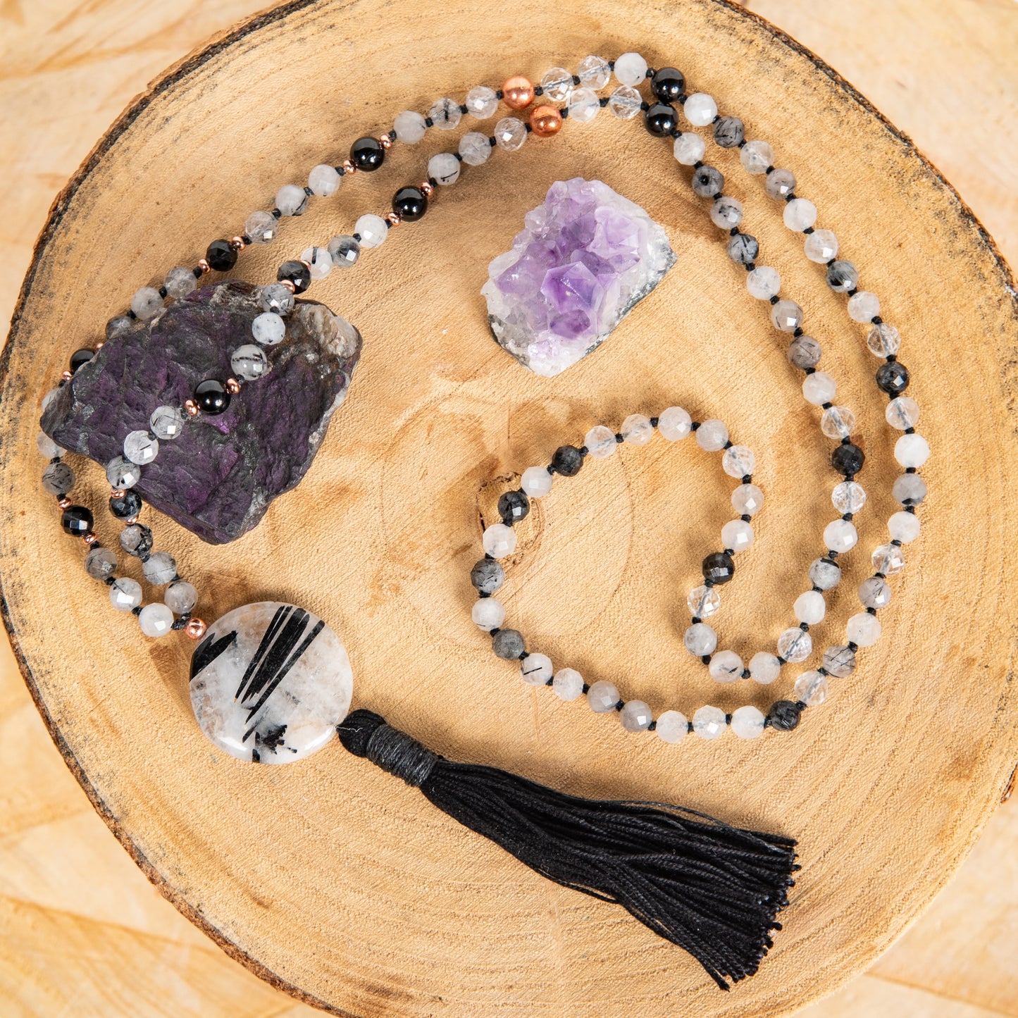 Mala da meditazione 108 perle Quarzo tormalinato, pietra guru Quarzo Tormalinato, rame