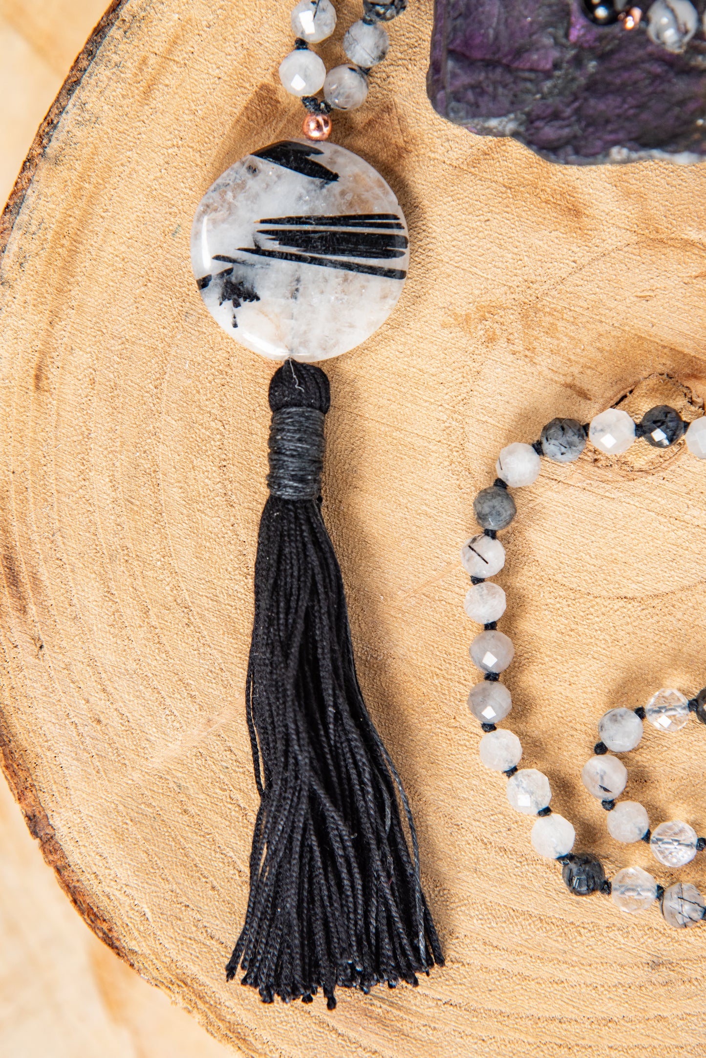 Mala da meditazione 108 perle Quarzo tormalinato, pietra guru Quarzo Tormalinato, rame