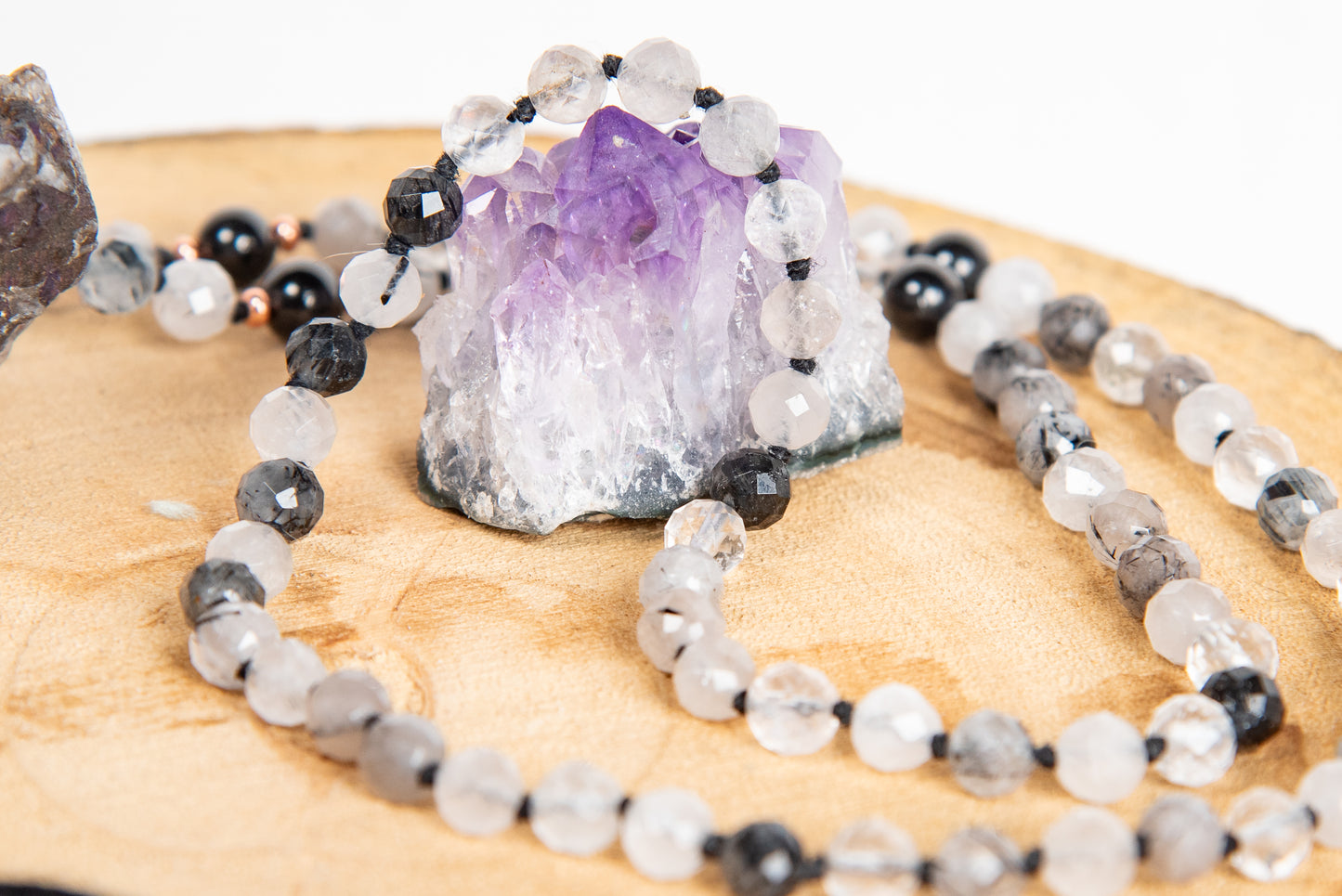 Mala da meditazione 108 perle Quarzo tormalinato, pietra guru Quarzo Tormalinato, rame