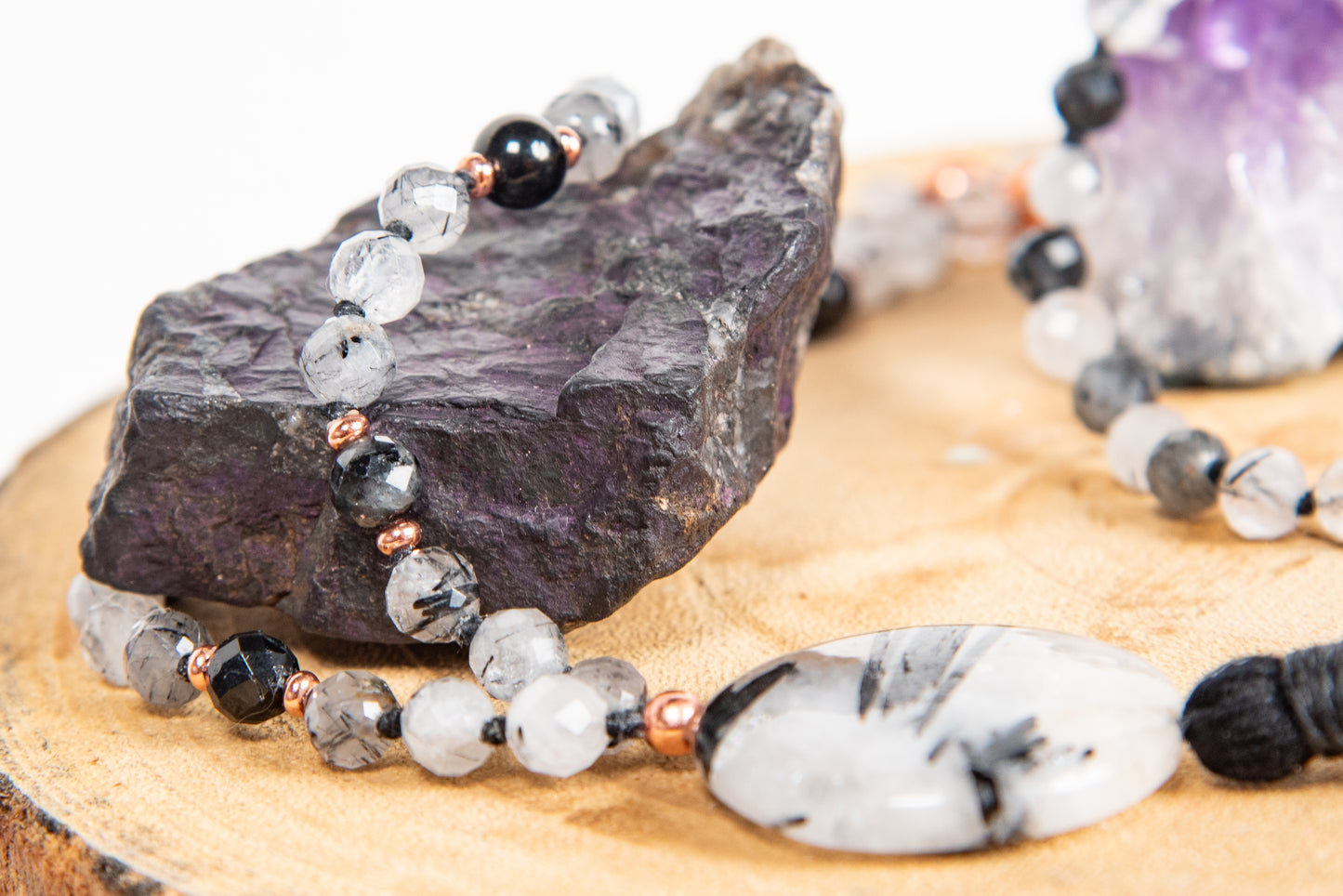 Mala da meditazione 108 perle Quarzo tormalinato, pietra guru Quarzo Tormalinato, rame