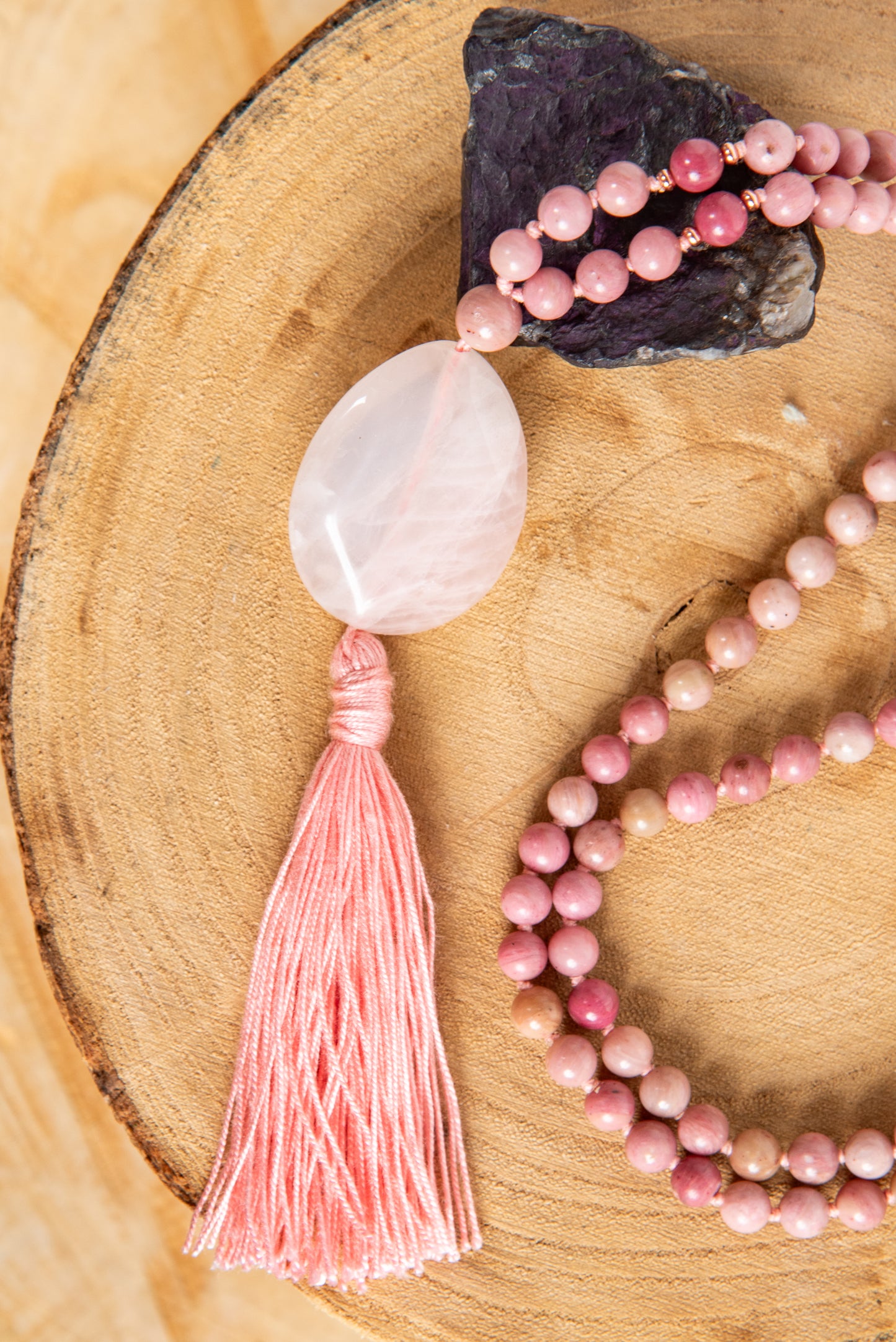 Mala da meditazione in Rodonite, Pietra Guru Quarzo rosa e Rame