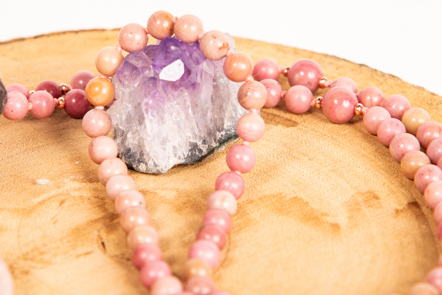 Mala da meditazione in Rodonite, Pietra Guru Quarzo rosa e Rame