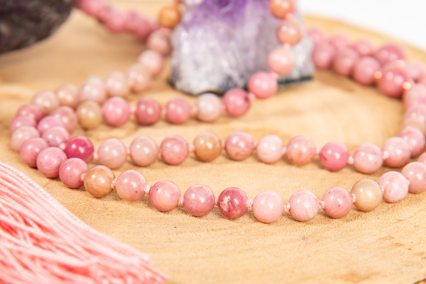 Mala da meditazione in Rodonite, Pietra Guru Quarzo rosa e Rame