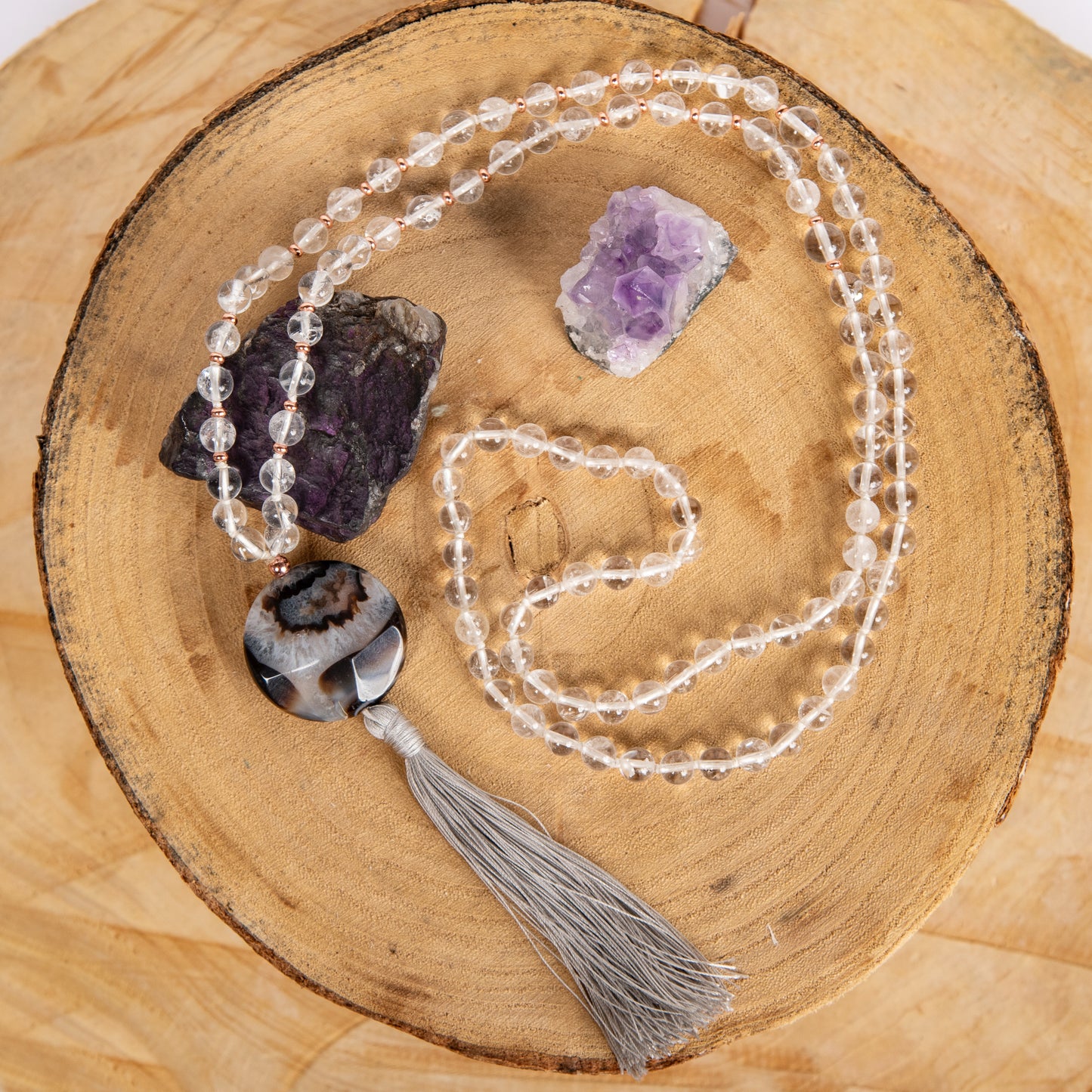 Mala collana da meditazione in Cristallo di Rocca, Pietra Guru Agata, Rame