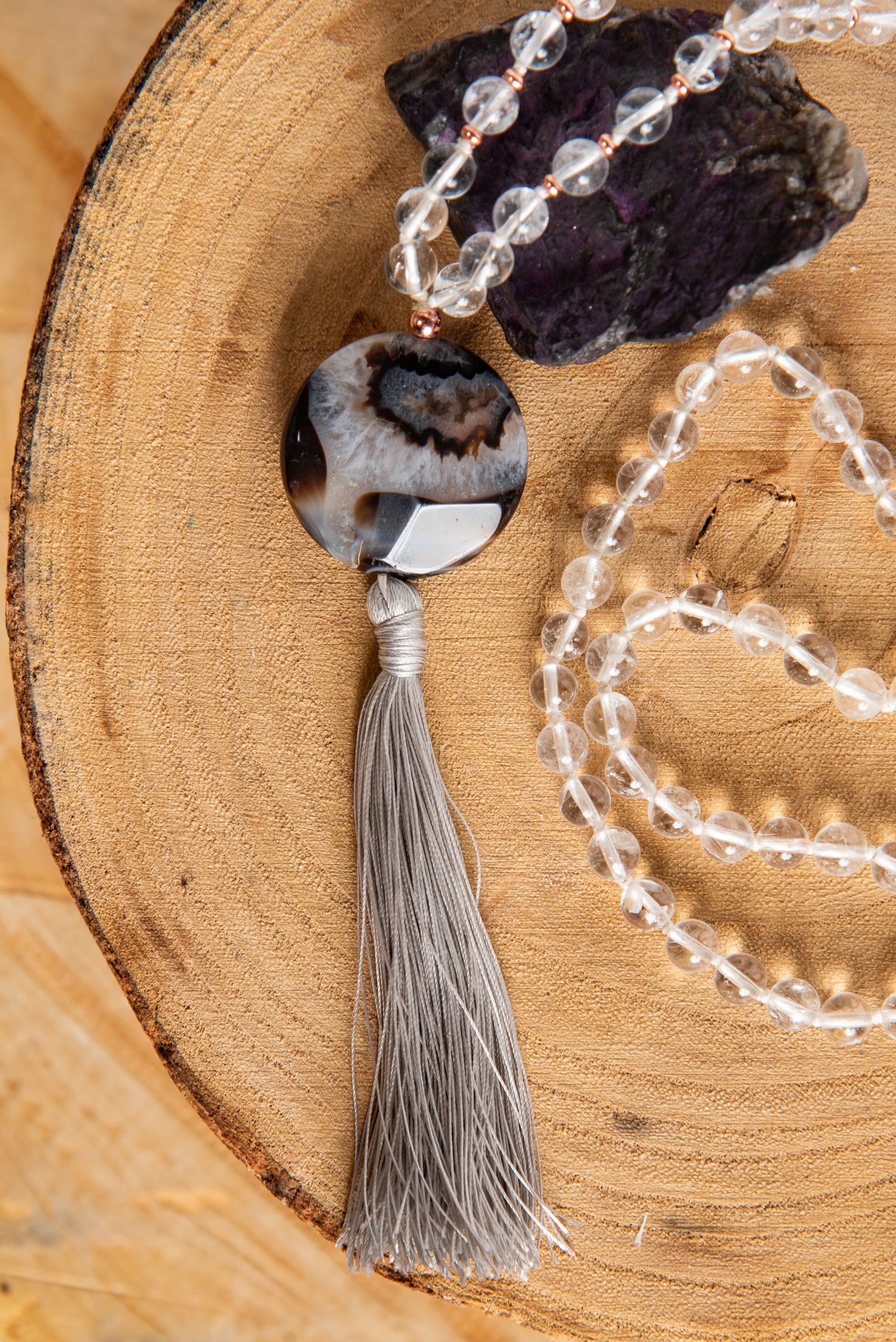 Mala collana da meditazione in Cristallo di Rocca, Pietra Guru Agata, Rame