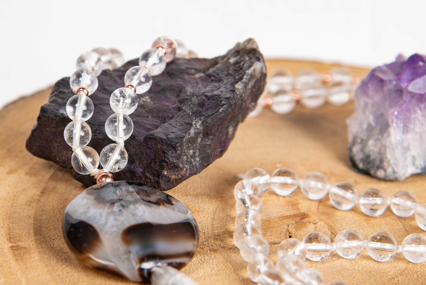 Mala collana da meditazione in Cristallo di Rocca, Pietra Guru Agata, Rame