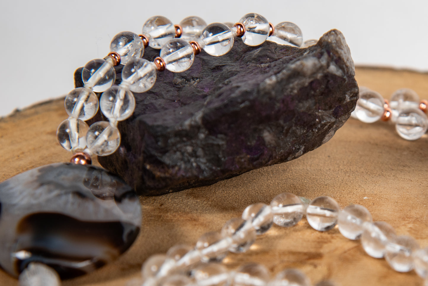 Mala collana da meditazione in Cristallo di Rocca, Pietra Guru Agata, Rame