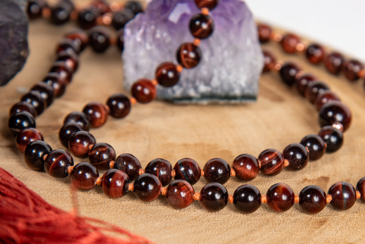 Mala da meditazione 108 perle in Occhio di bue, Pietra Guru Occhio di bue, Rame