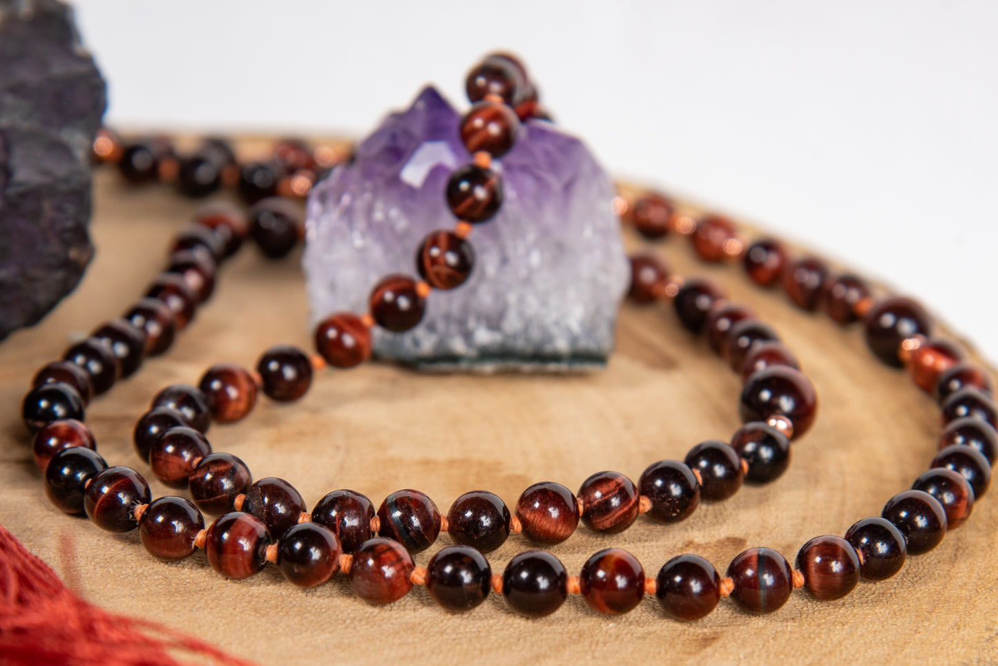 Mala da meditazione 108 perle in Occhio di bue, Pietra Guru Occhio di bue, Rame