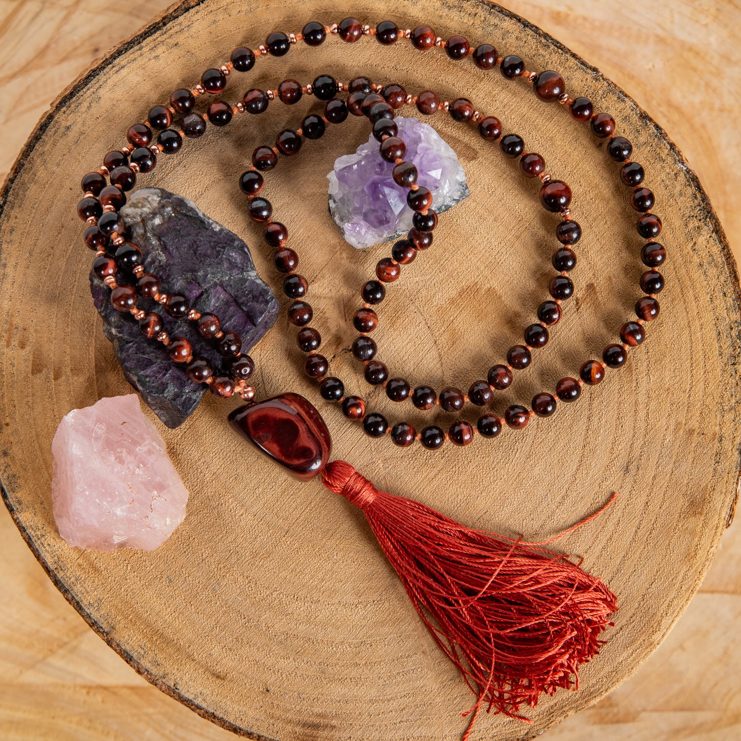 Mala da meditazione 108 perle in Occhio di bue, Pietra Guru Occhio di bue, Rame