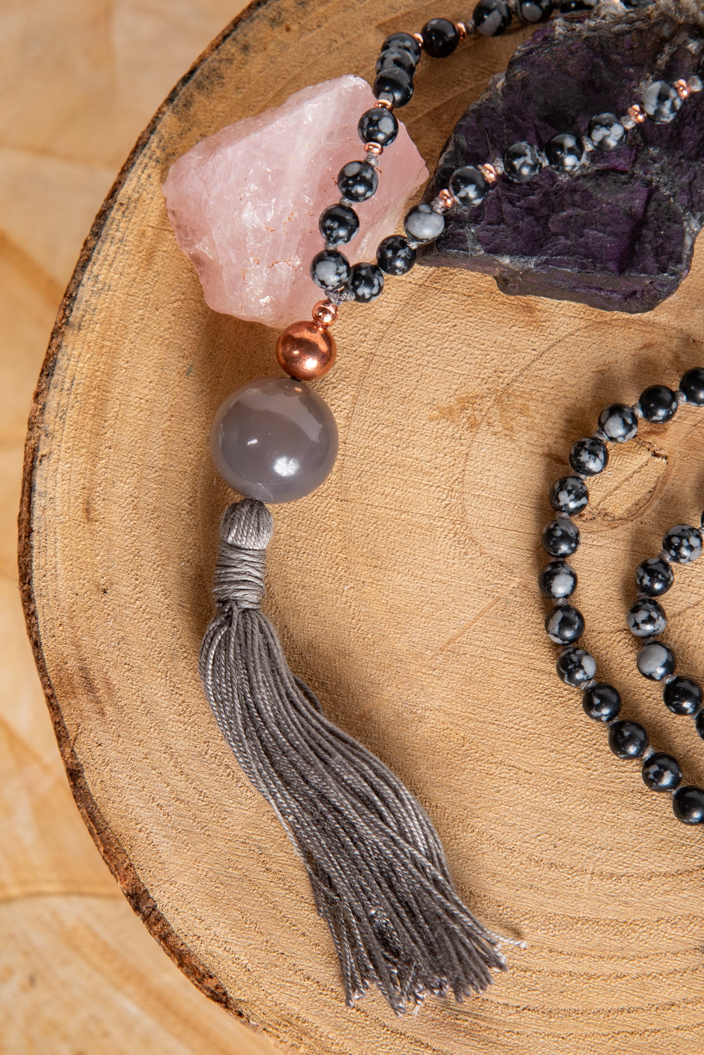 Mala in Ossidiana fiocco di neve, Pietra guru Agata grigia, Rame