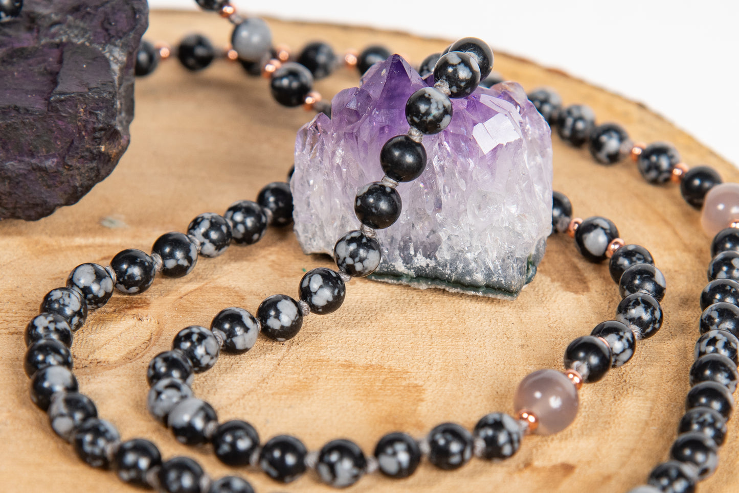 Mala in Ossidiana fiocco di neve, Pietra guru Agata grigia, Rame