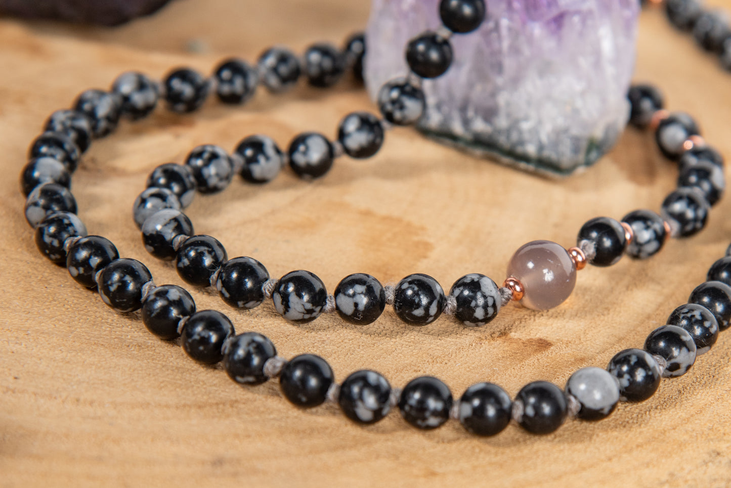 Mala in Ossidiana fiocco di neve, Pietra guru Agata grigia, Rame