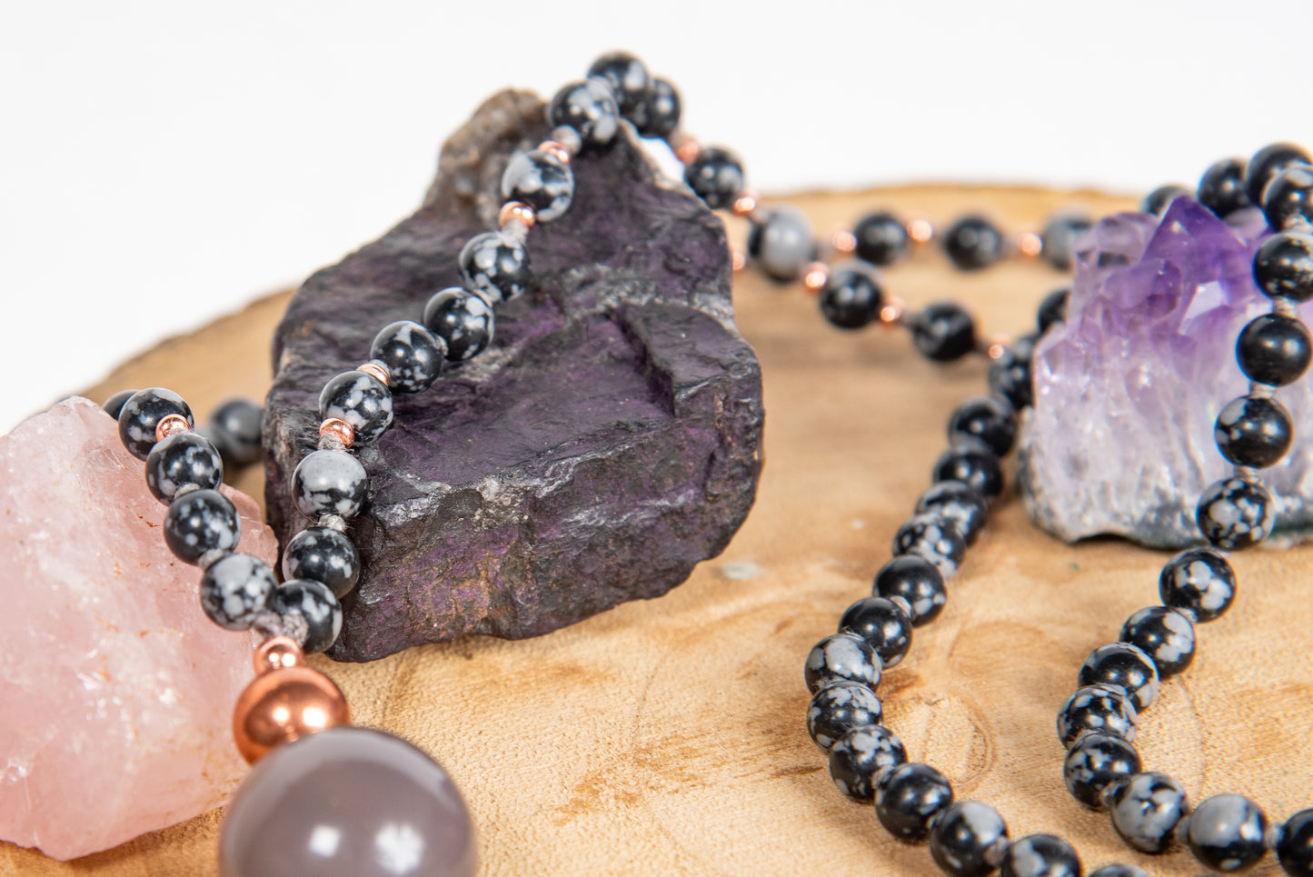 Mala in Ossidiana fiocco di neve, Pietra guru Agata grigia, Rame