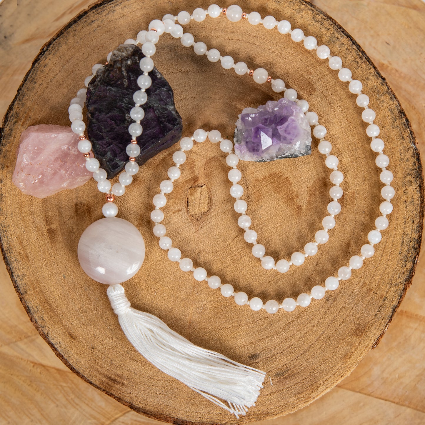 Mala in Quarzite bianca, Pietra guru Calcite bianca, Rame