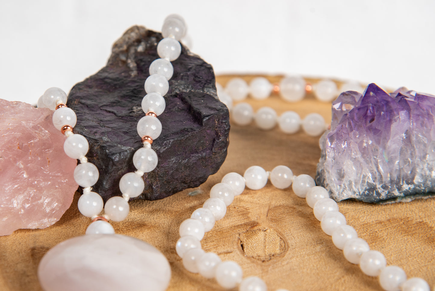 Mala in Quarzite bianca, Pietra guru Calcite bianca, Rame