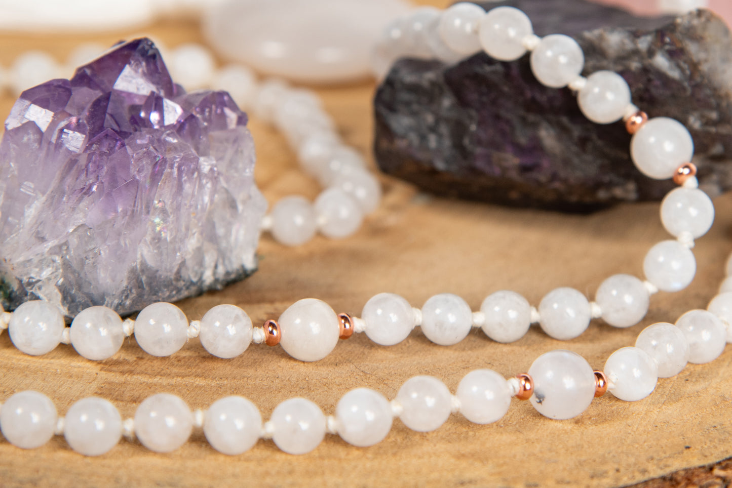 Mala in Quarzite bianca, Pietra guru Calcite bianca, Rame